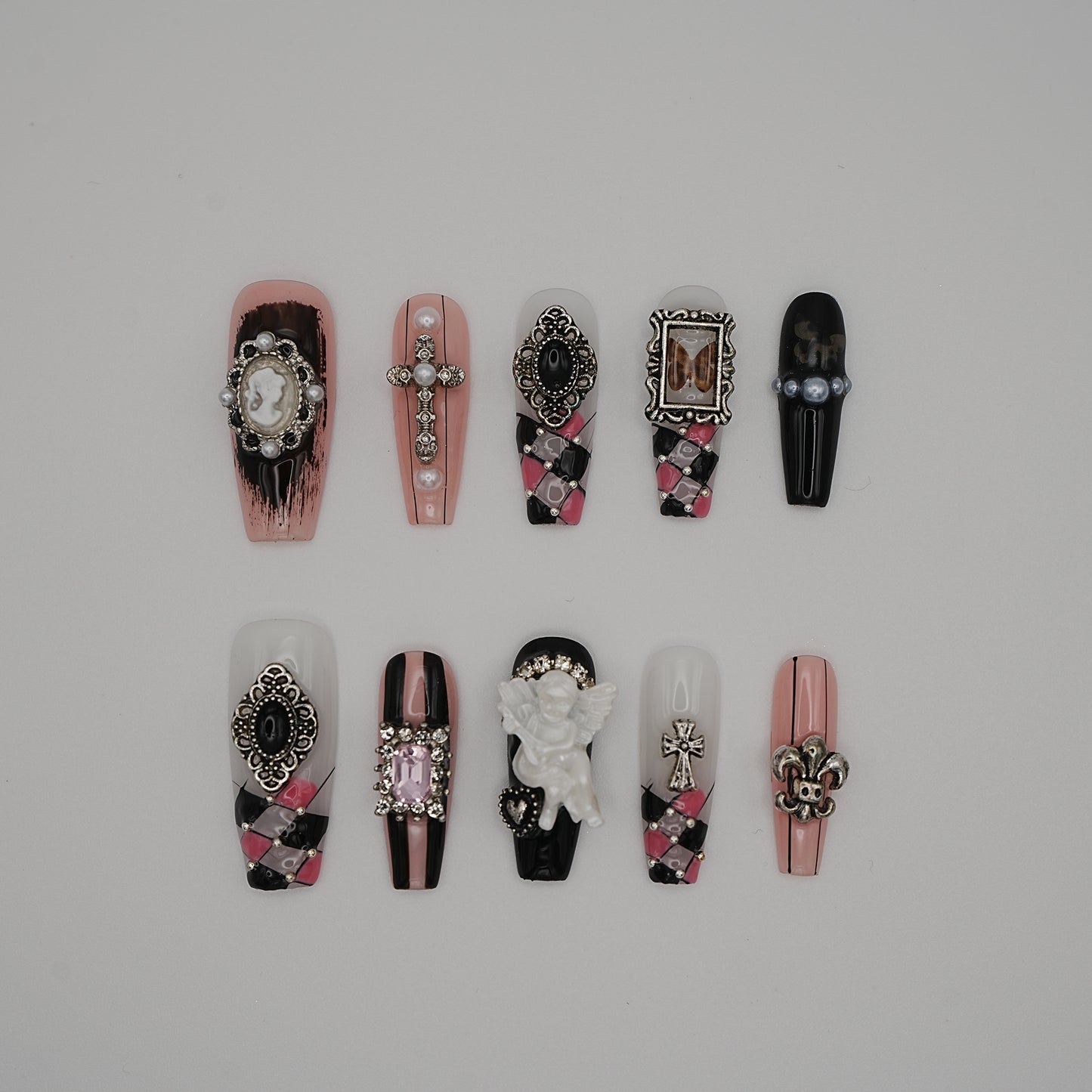 Rococo Gothic Pink & Black Press-On Nails – Vintage Cross & Cameo Design