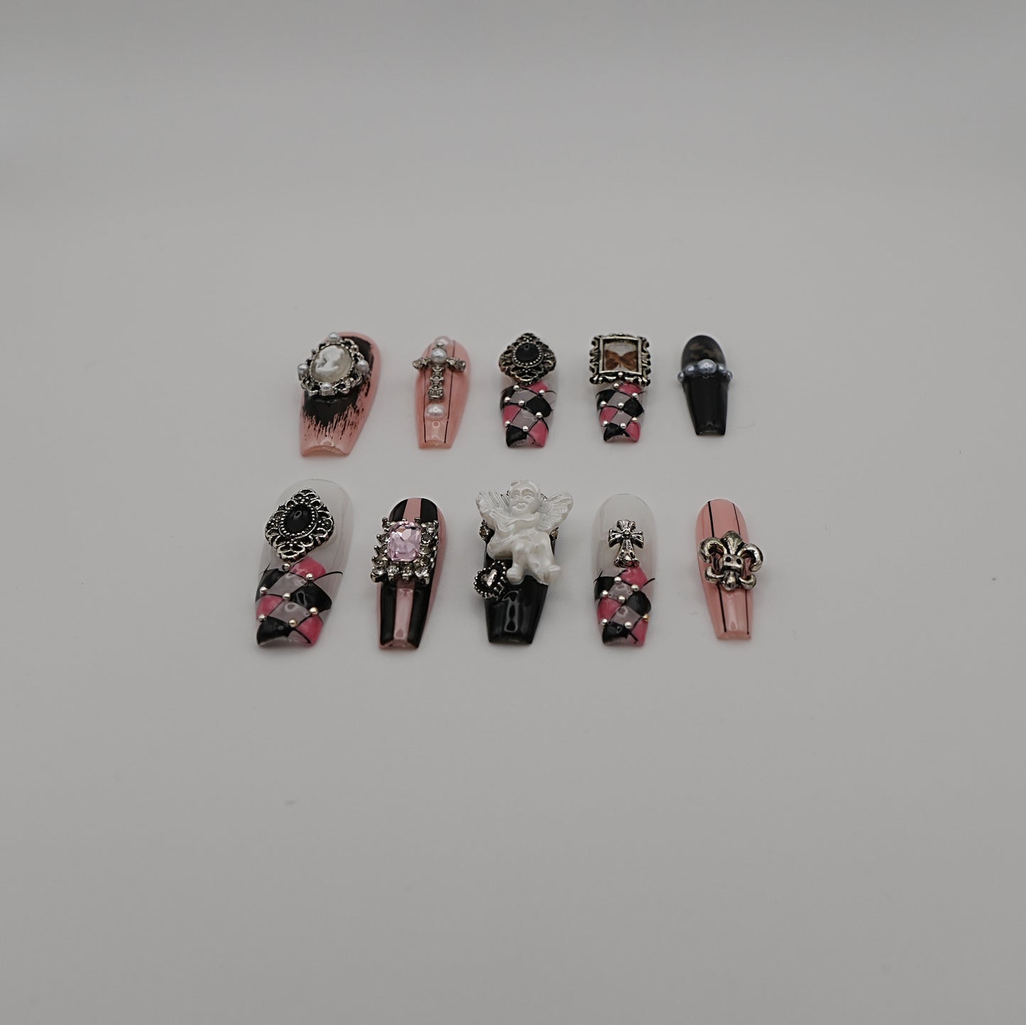 Rococo Gothic Pink & Black Press-On Nails – Vintage Cross & Cameo Design