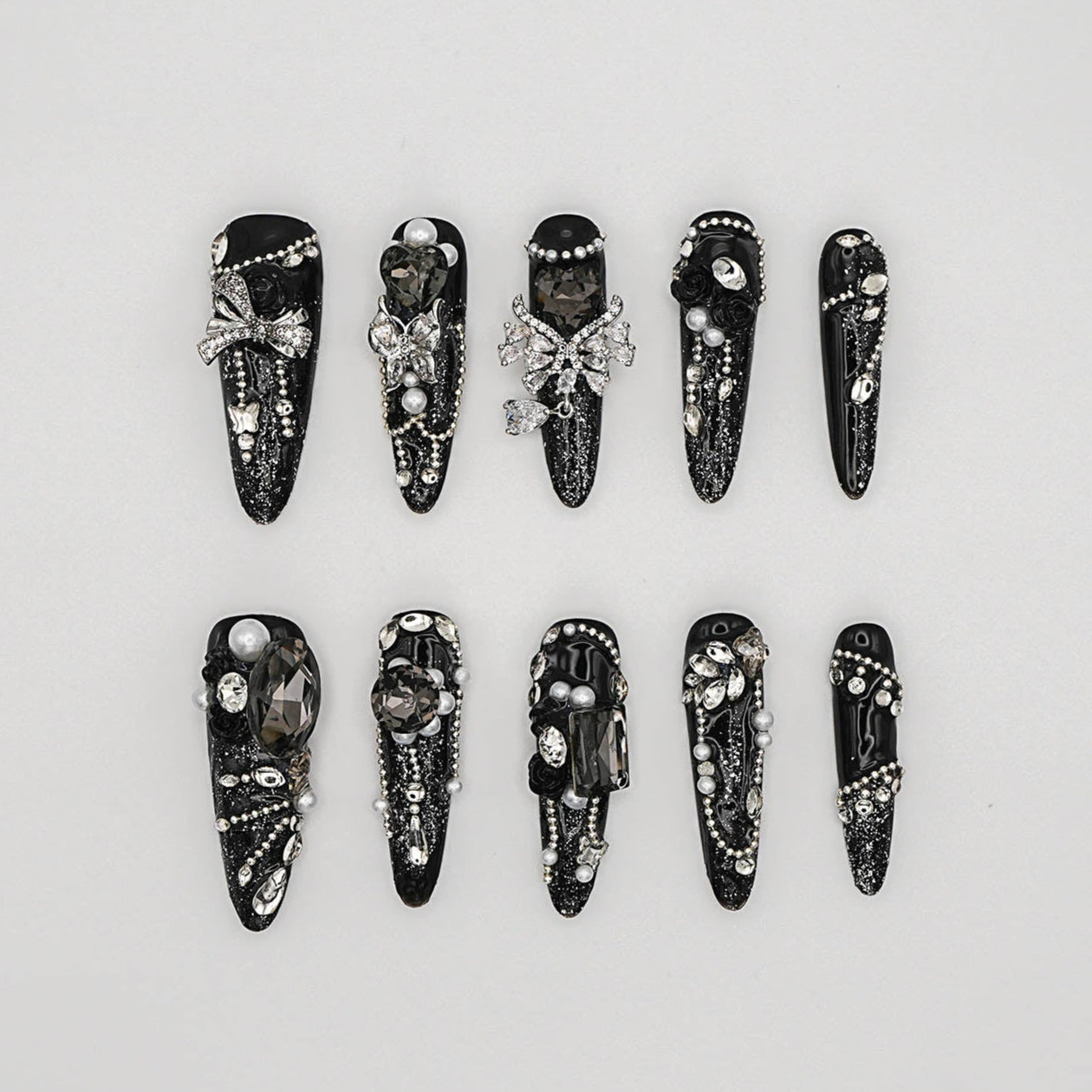 Black Rhinestone Glam Press-On Nails – Luxury Crystal & Bow Design