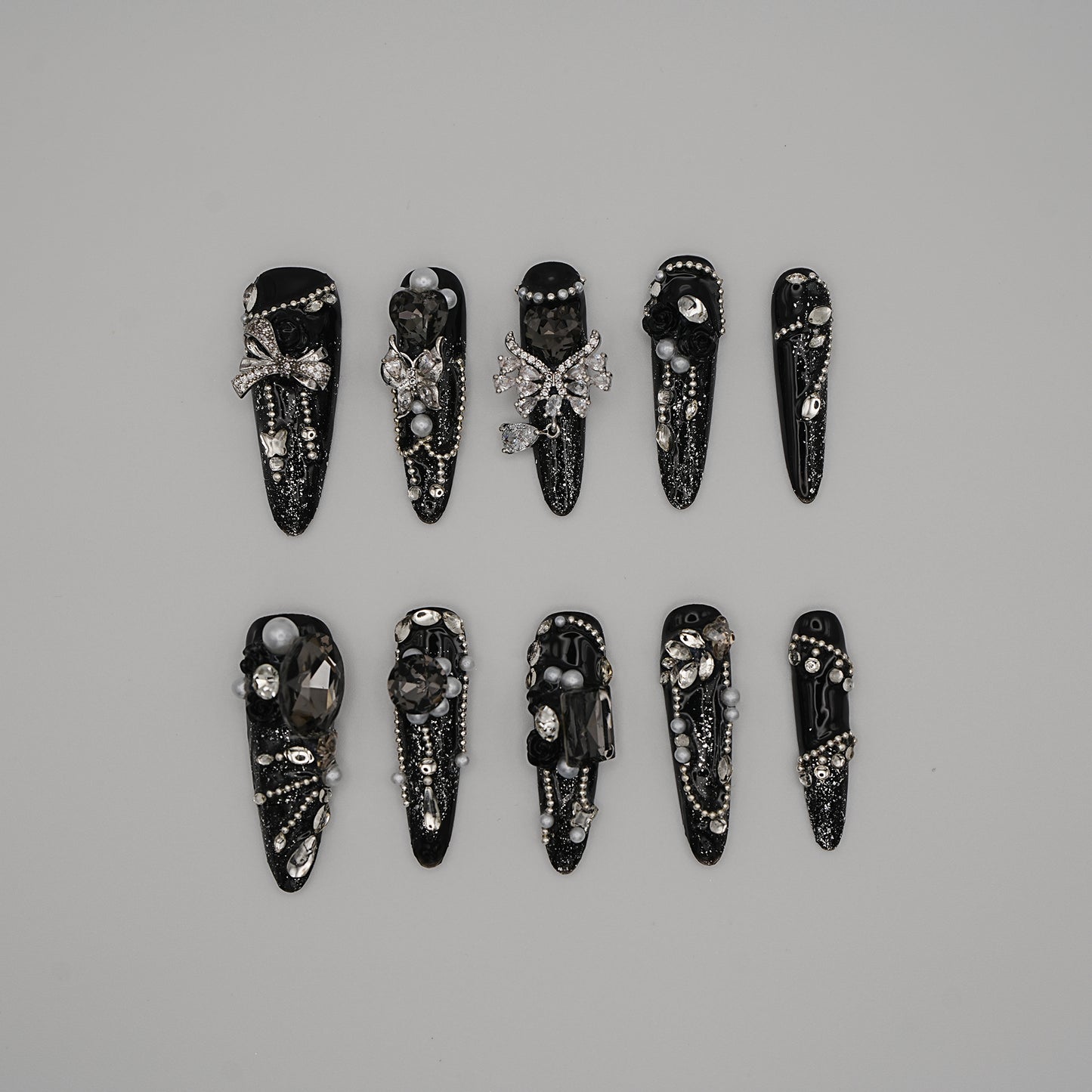 Black Rhinestone Glam Press-On Nails – Luxury Crystal & Bow Design