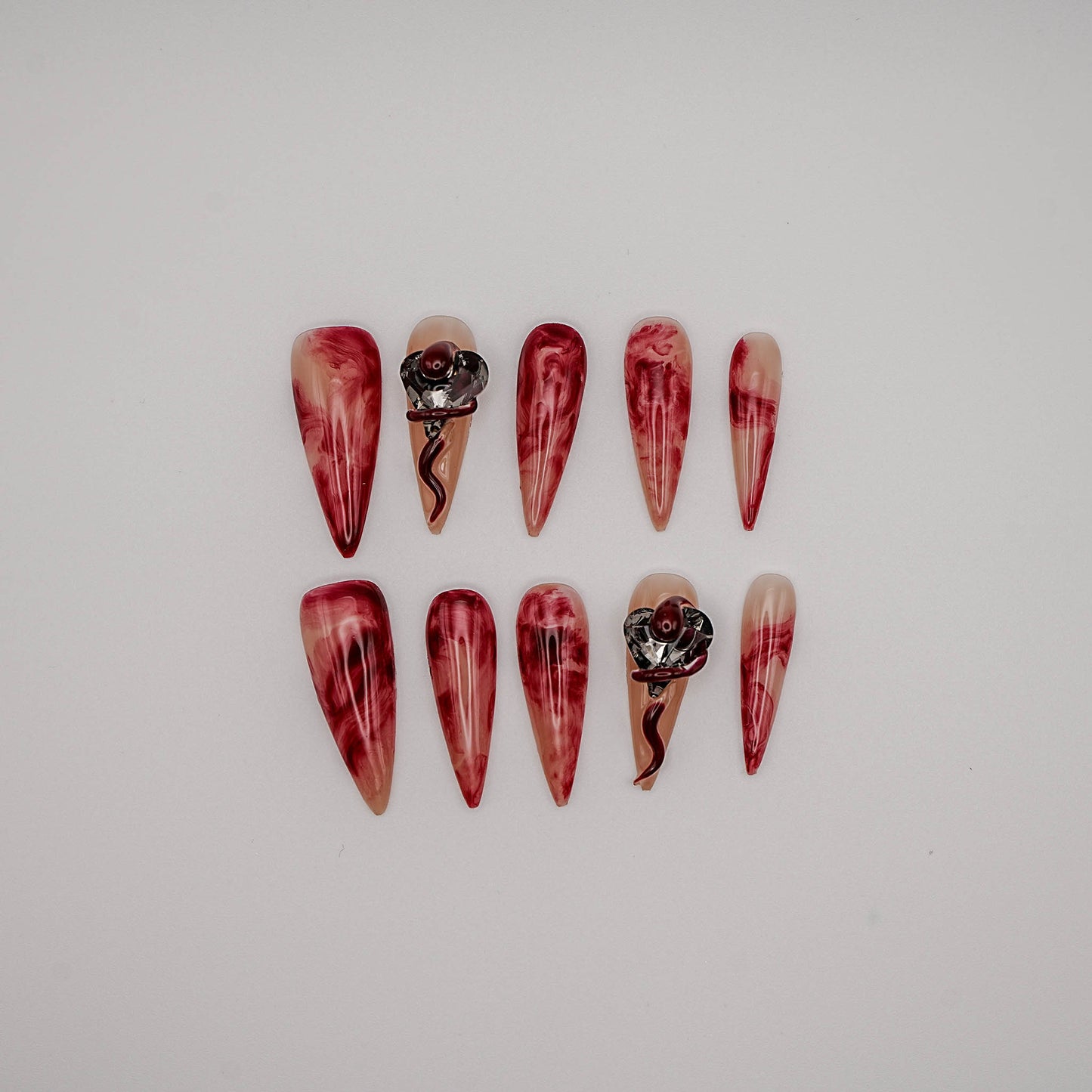 X Crimson Bloom – Ombre Red with Liquid Metal Lines & Rhinestones