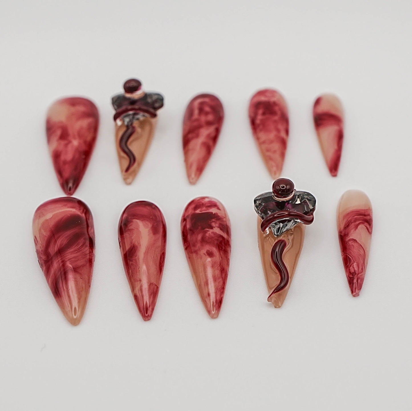 X Crimson Bloom – Ombre Red with Liquid Metal Lines & Rhinestones