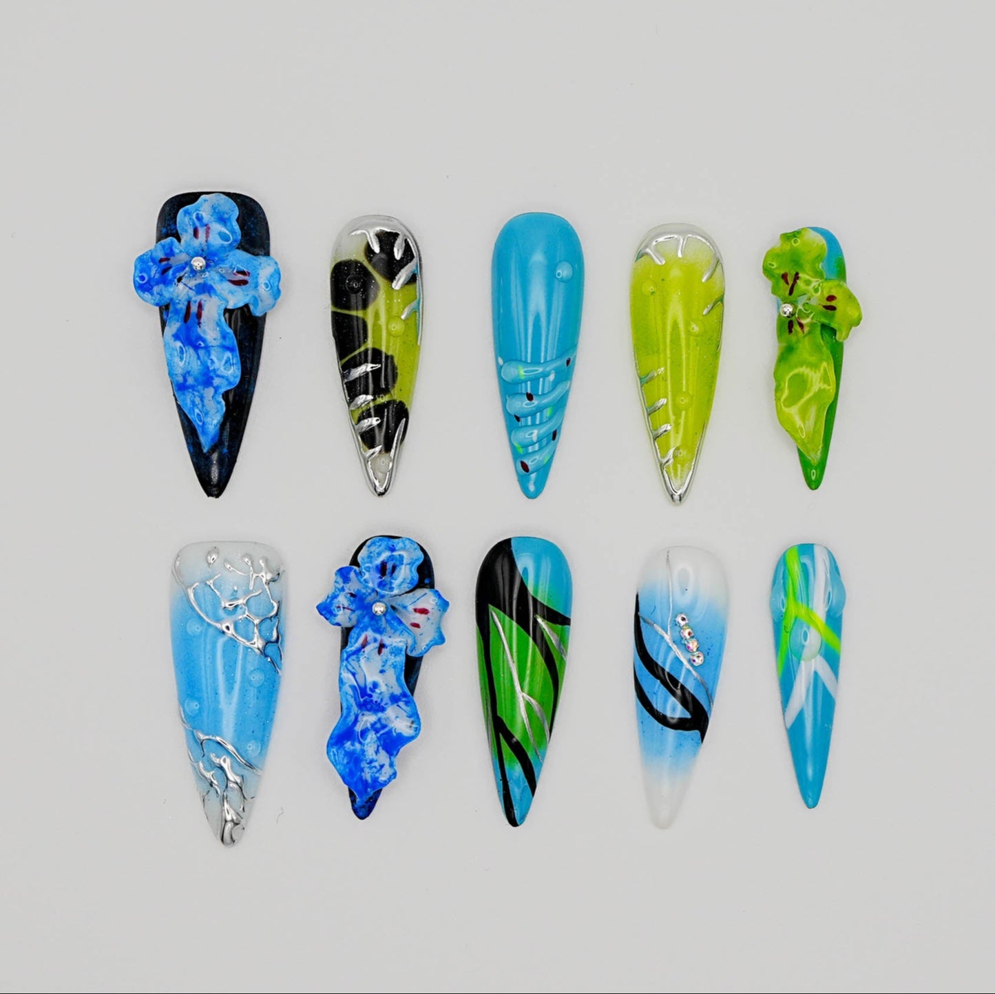 Azure Paradise – Handcrafted 3D Floral Press-Ons in Lagoon Hues