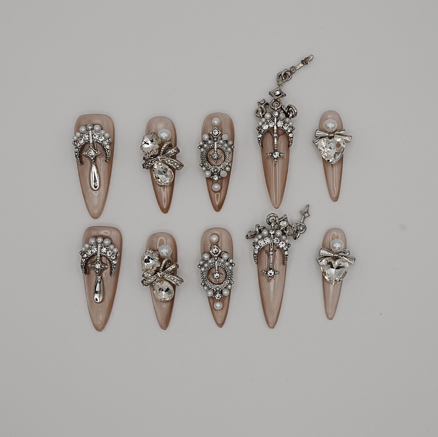 Nude Luxury Crystal Press-On Nails – Champagne Pearl & Gemstone Design