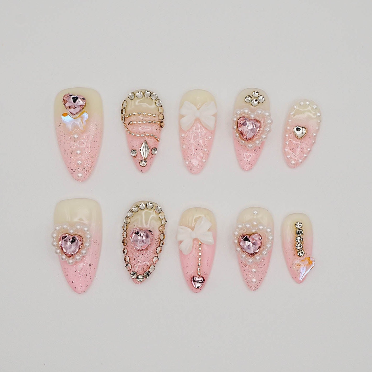 Sweetheart Princess Press-On Nails – Pink Glitter Nails with Pearls, Bows & Hearts