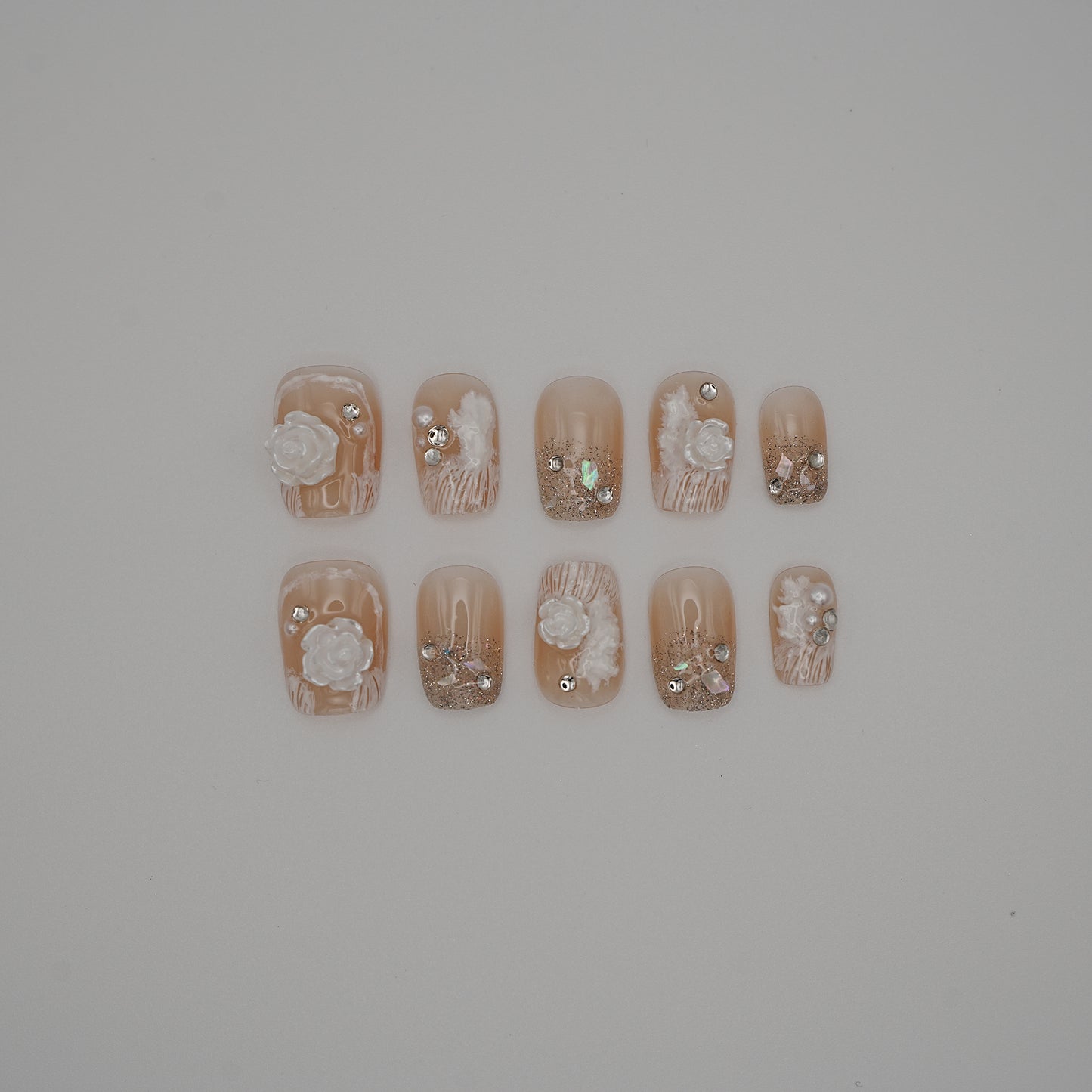 Nude Rose Glitter Press-On Toenails – 3D Flowers & Gold Sparkle Accents