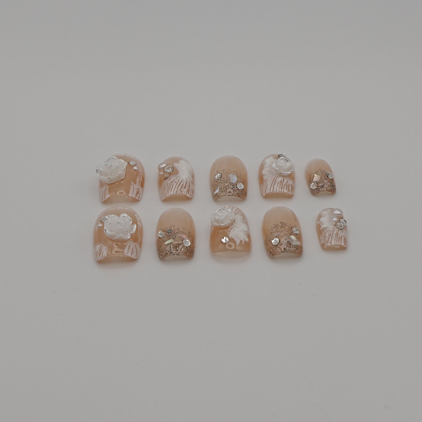 Nude Rose Glitter Press-On Toenails – 3D Flowers & Gold Sparkle Accents
