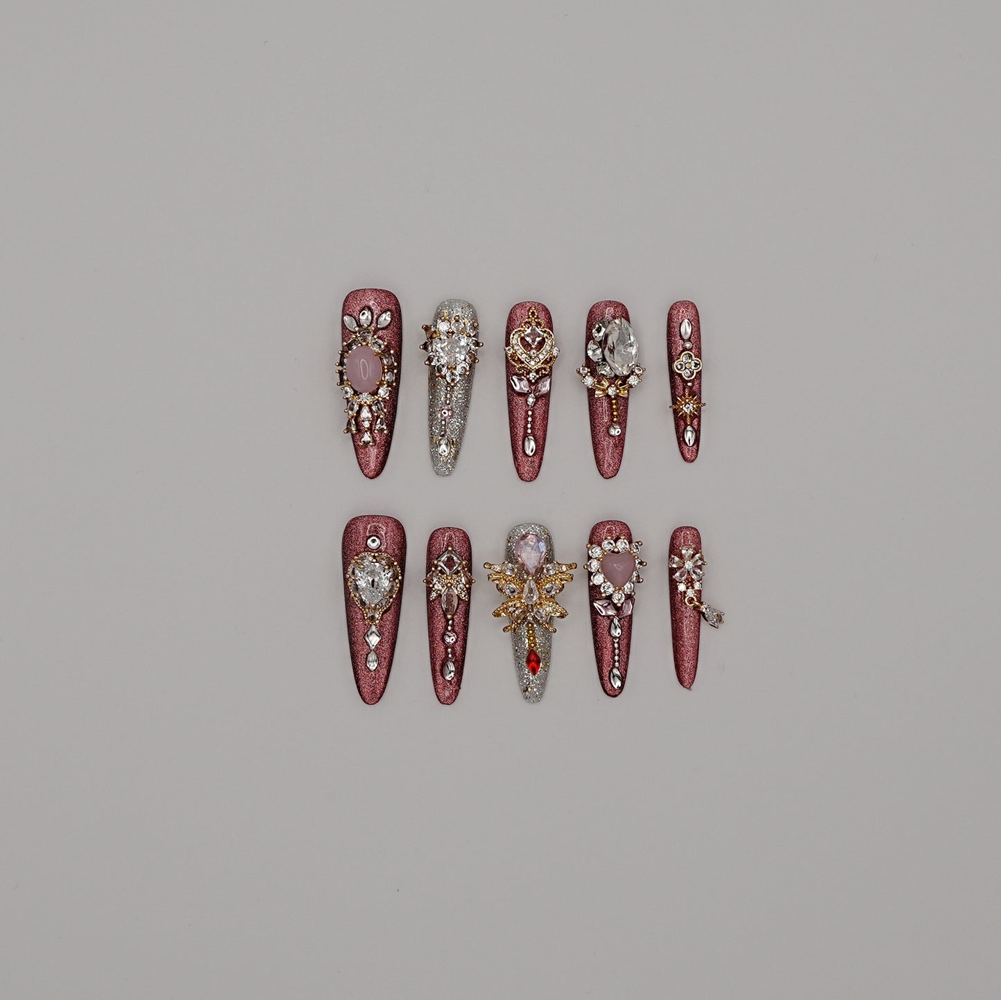 Fairy Queen Press-On Nails – Burgundy Glitter with Royal Gems & Celestial Charms