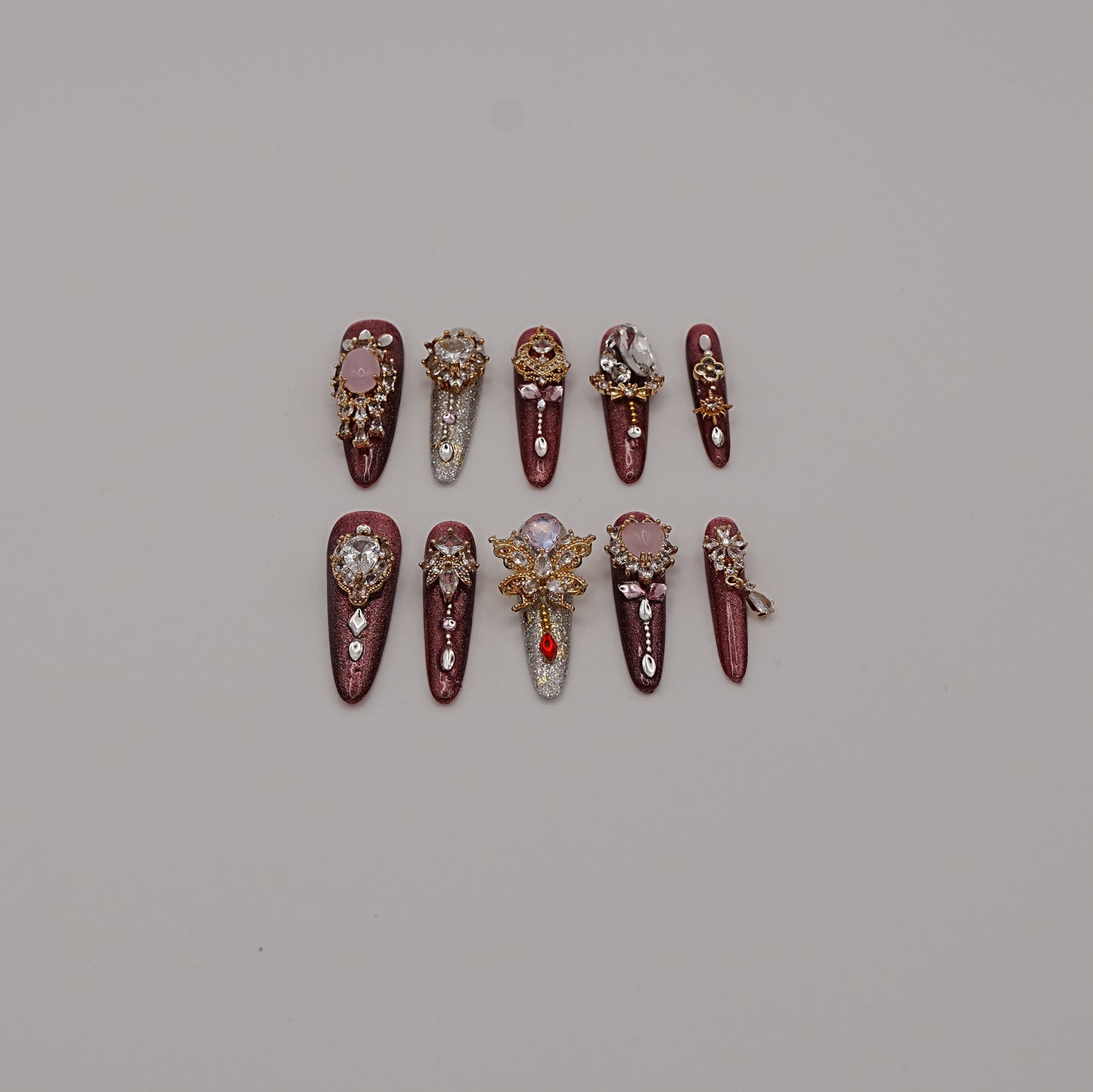 Fairy Queen Press-On Nails – Burgundy Glitter with Royal Gems & Celestial Charms