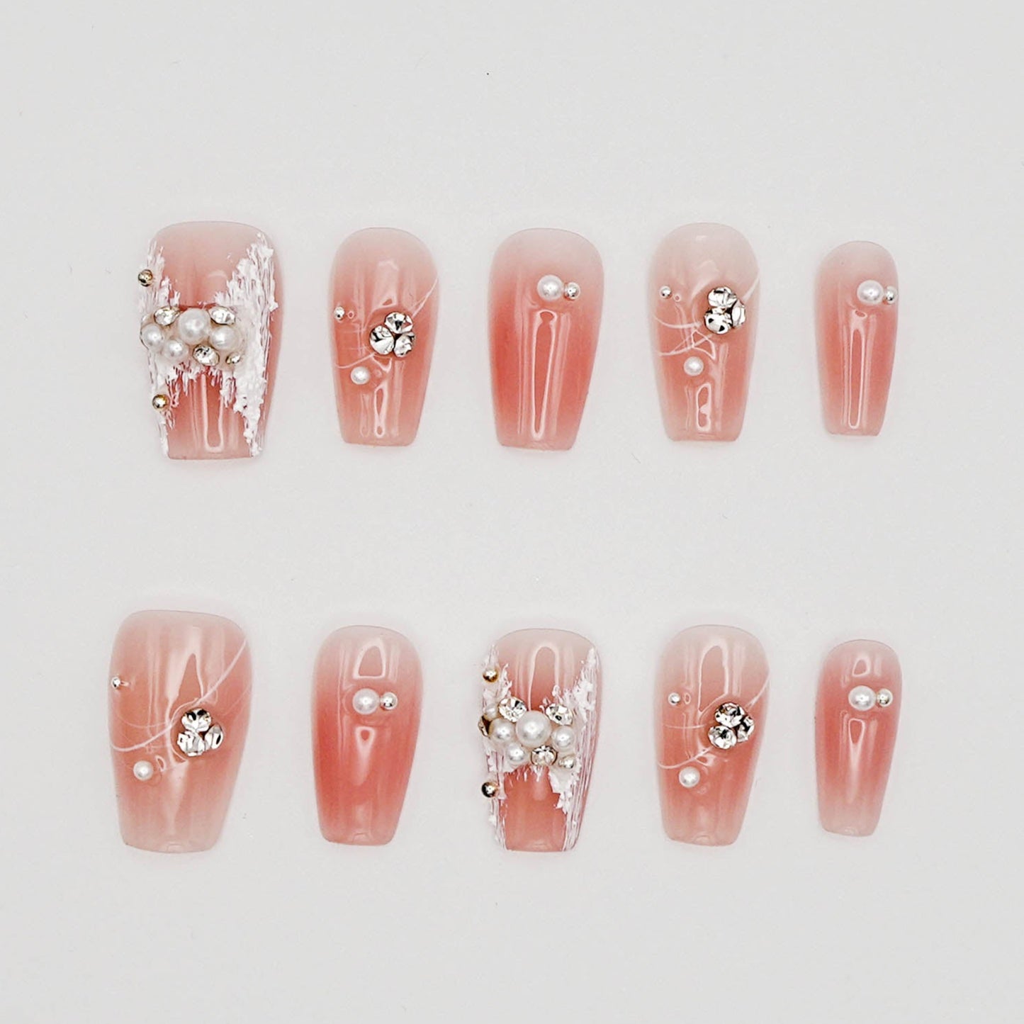 Blush Pearl Lace Press-On Nails – Nude Pink with 3D Pearls & White Lace Detail