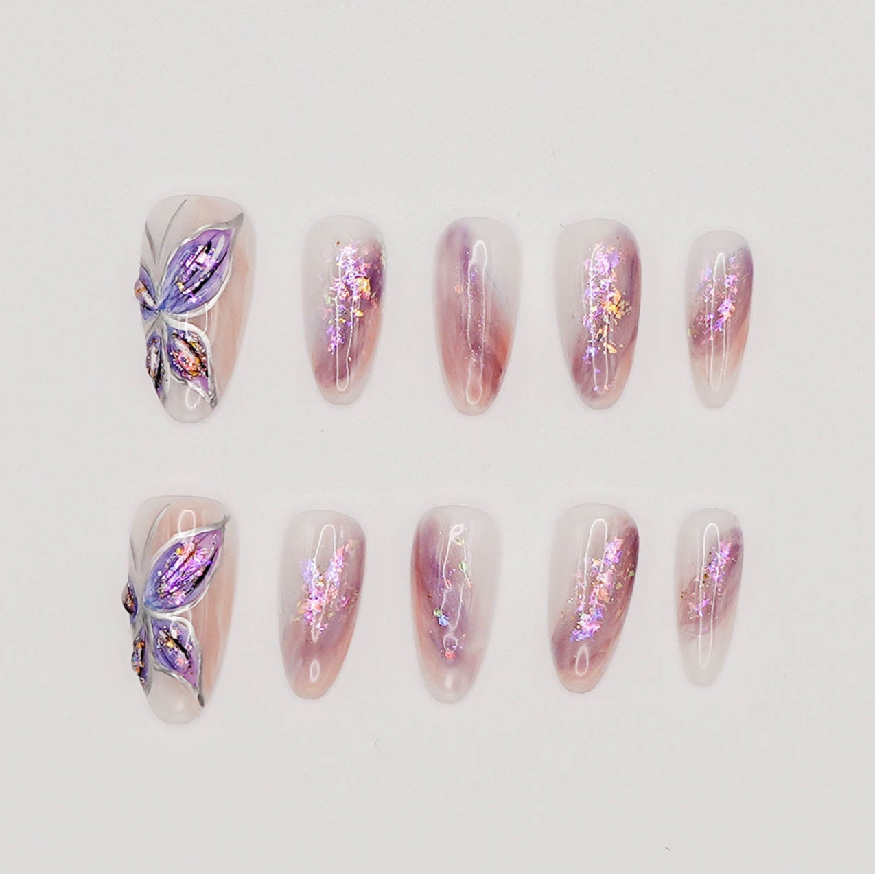 Galaxy Butterfly Cat Eye Press-On Nails – Purple Glitter with 3D Wings