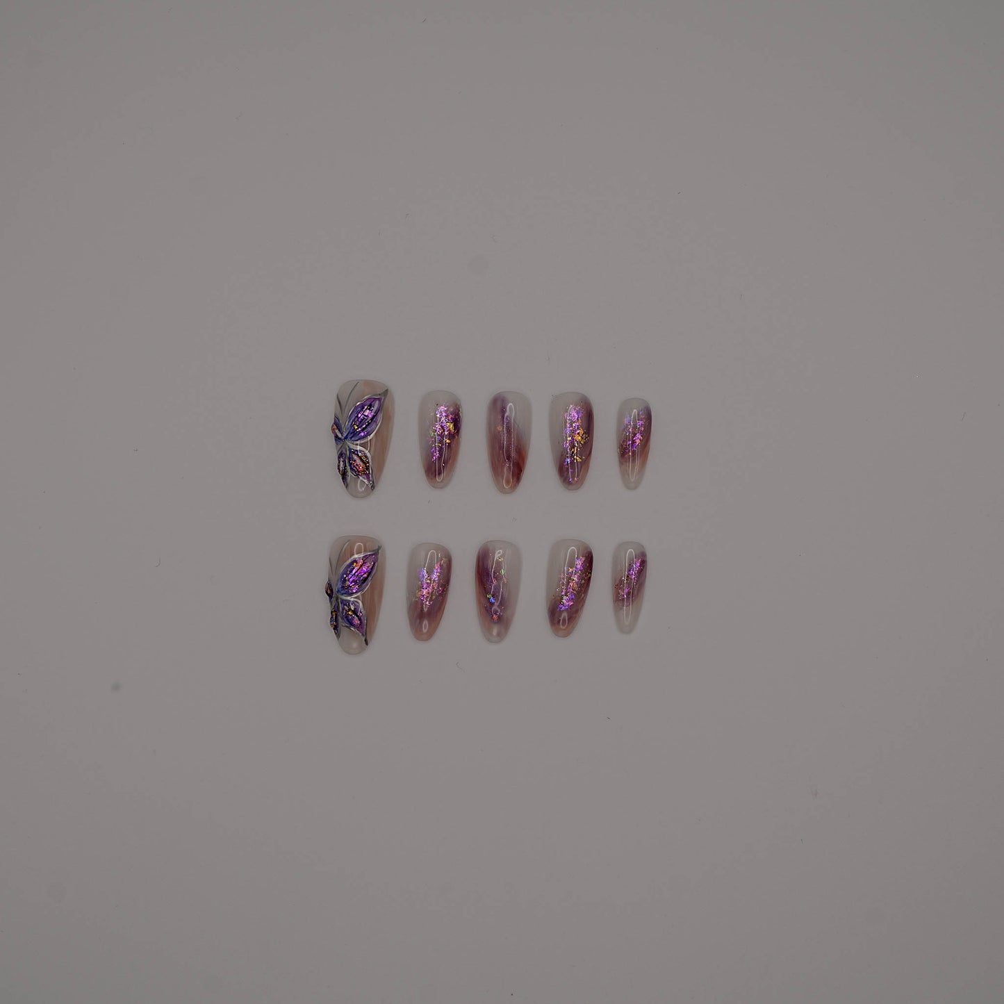 Galaxy Butterfly Cat Eye Press-On Nails – Purple Glitter with 3D Wings