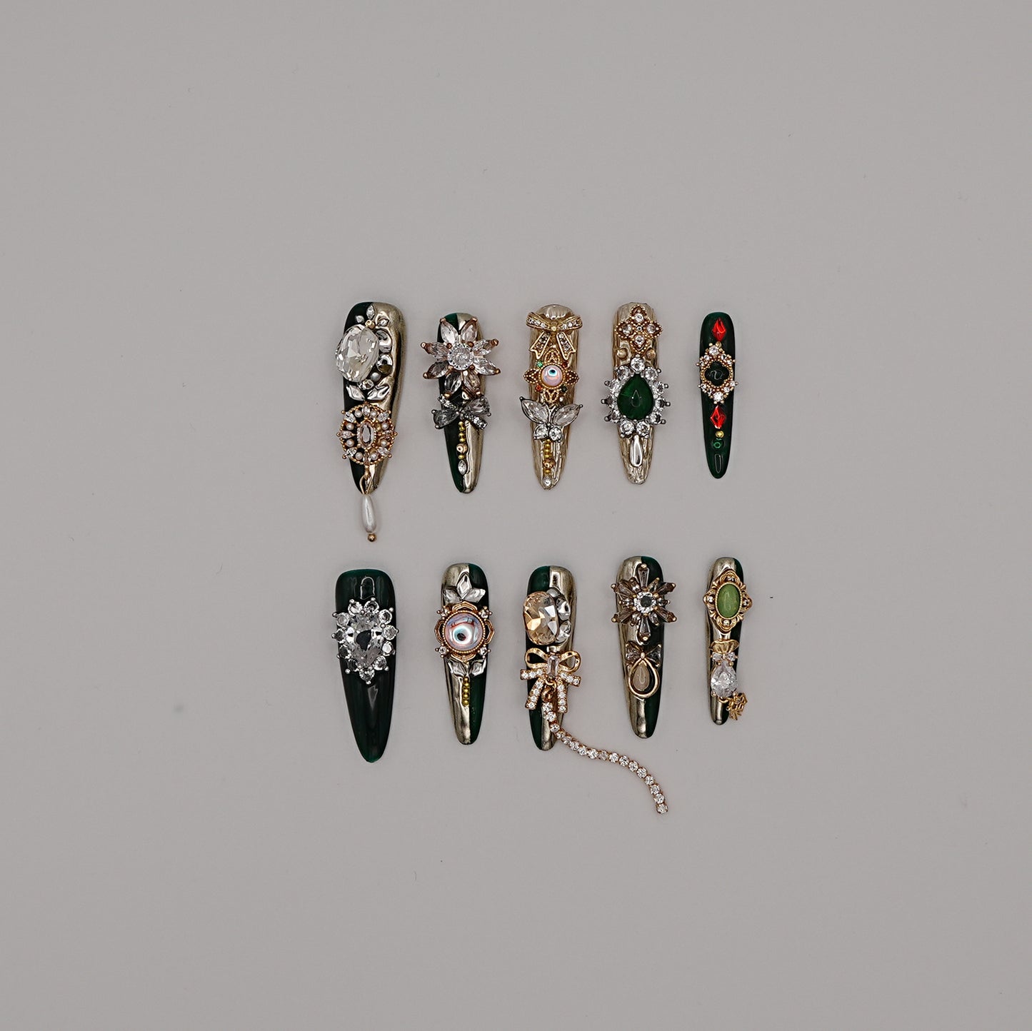 Emerald Majesty Press-On Nails – Forest Green & Gold Luxe with 3D Gemstones