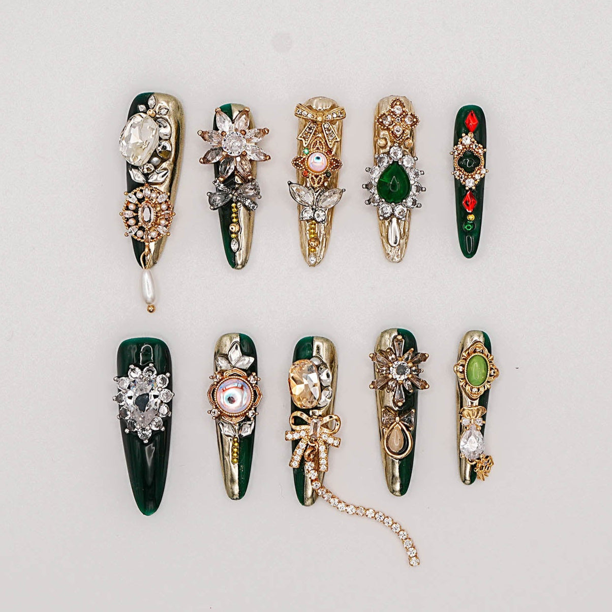 Emerald Majesty Press-On Nails – Forest Green & Gold Luxe with 3D Gemstones