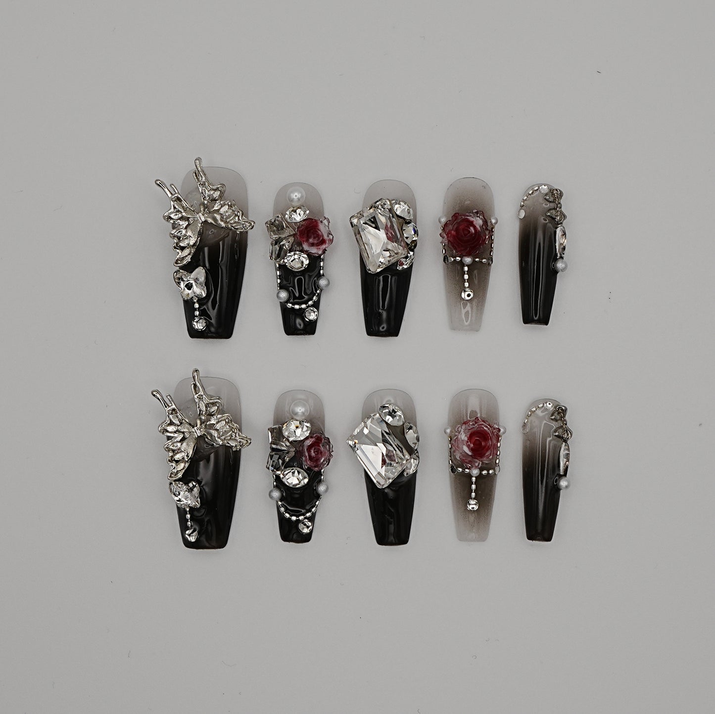 Gothic Rose Butterfly Press-On Nails – Black Ombre with 3D Gems & Silver Charms