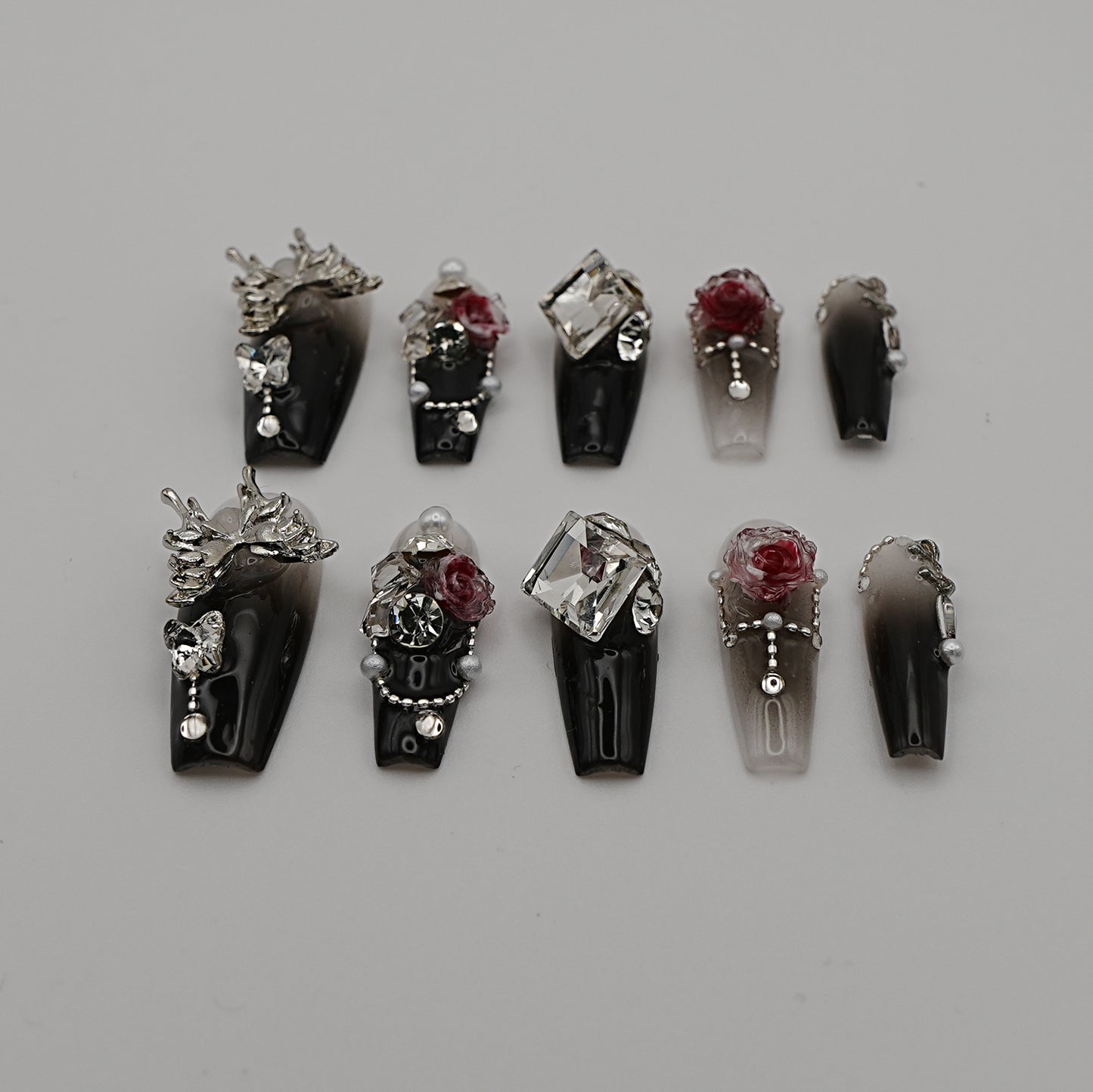 Gothic Rose Butterfly Press-On Nails – Black Ombre with 3D Gems & Silver Charms