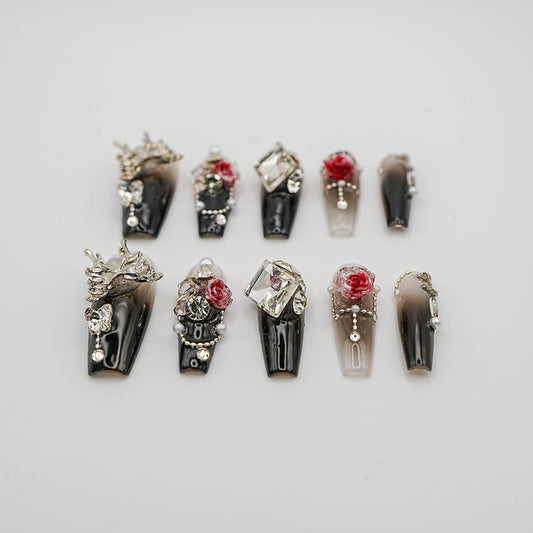 Gothic Rose Butterfly Press-On Nails – Black Ombre with 3D Gems & Silver Charms