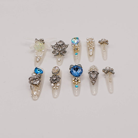 Frozen Queen Press-On Nails – White Glitter with Blue Crystals & Winter Charms