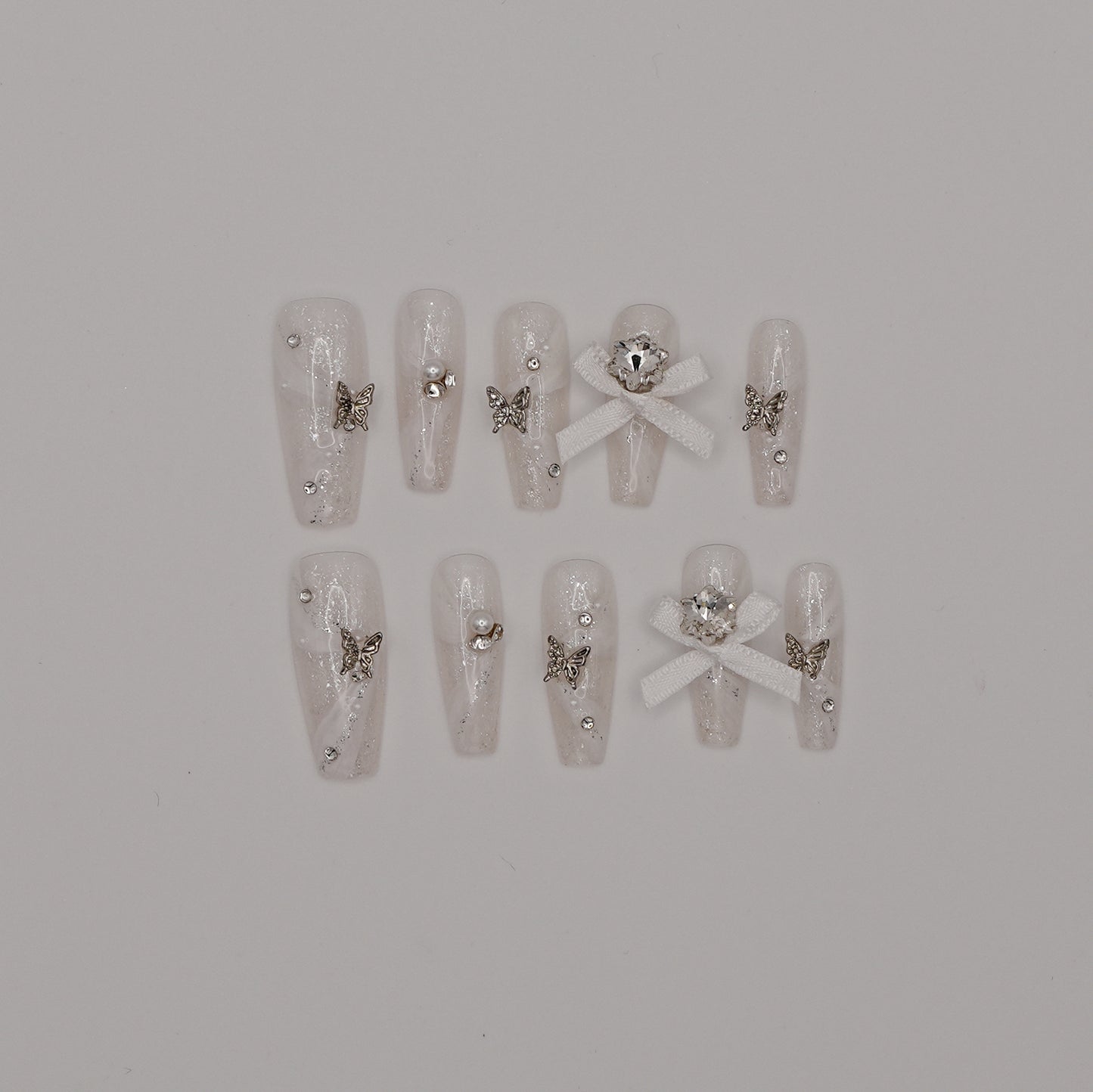 White Shimmer with 3D Bows, Butterflies & Crystals