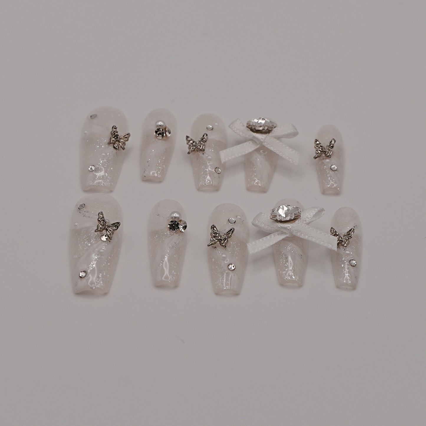 White Shimmer with 3D Bows, Butterflies & Crystals
