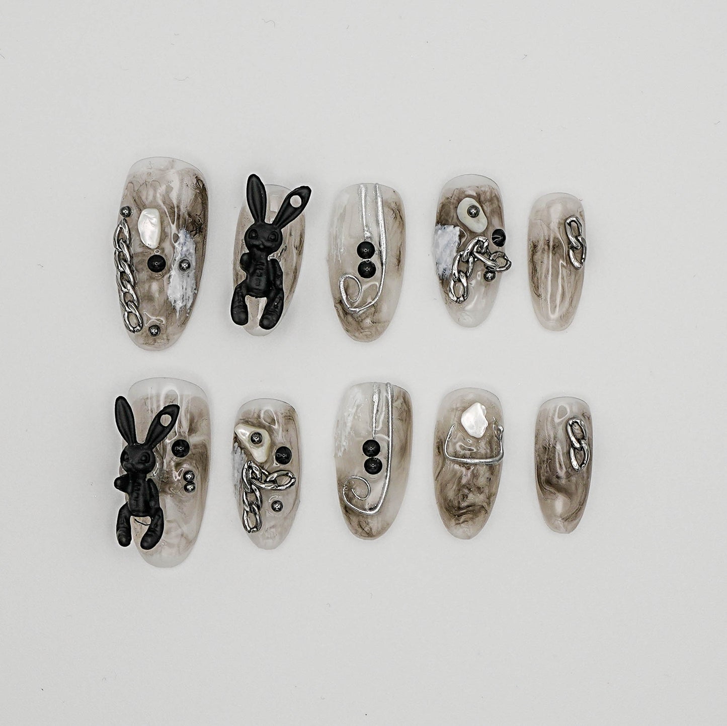 Monochrome Bunny Grunge Press-On Nails – Black & Marble Art with 3D Sculpted Charms