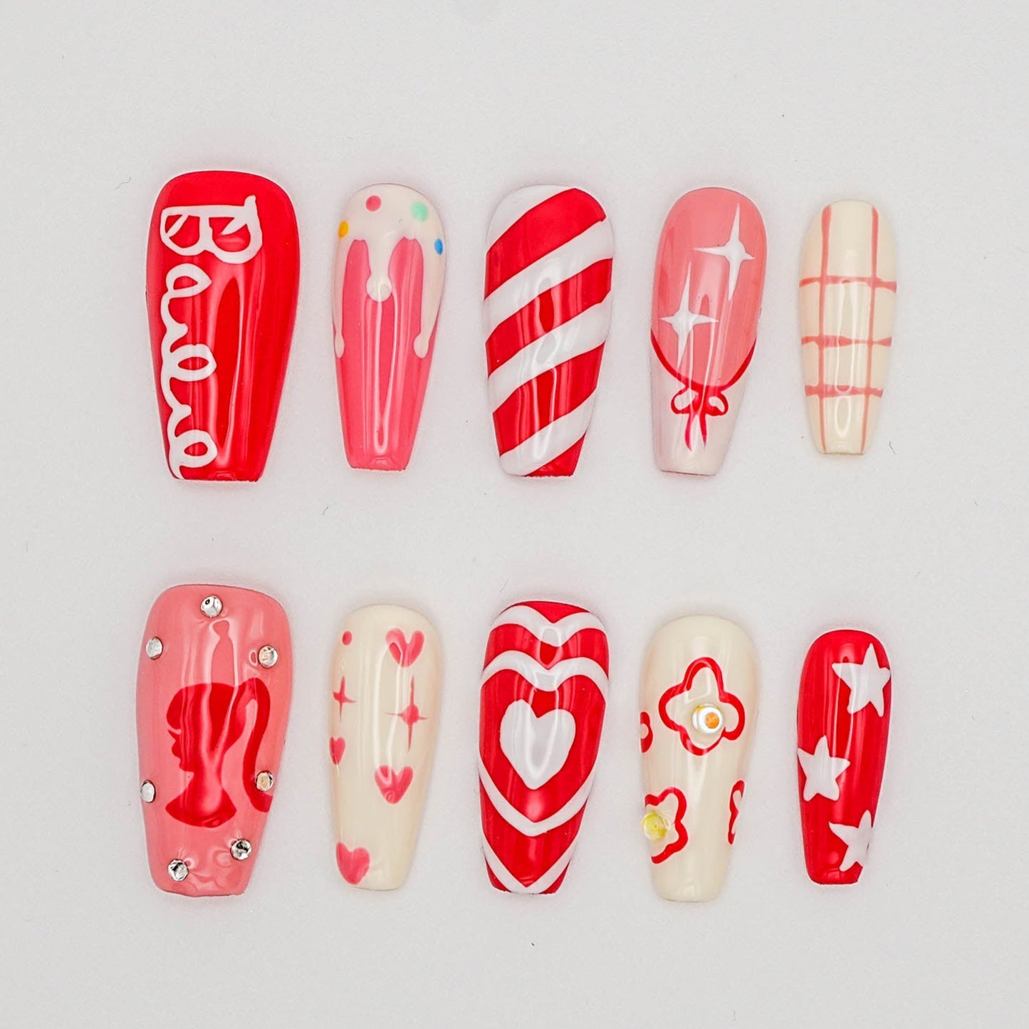 Barbie Pop Press-On Nails – Red & Pink Mix with Hearts, Stripes & Retro Icons