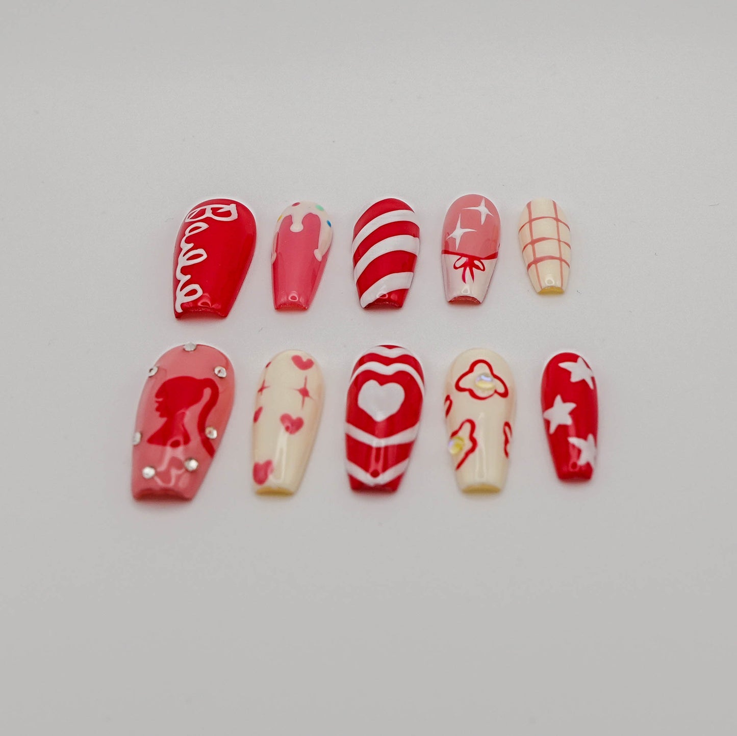 Barbie Pop Press-On Nails – Red & Pink Mix with Hearts, Stripes & Retro Icons