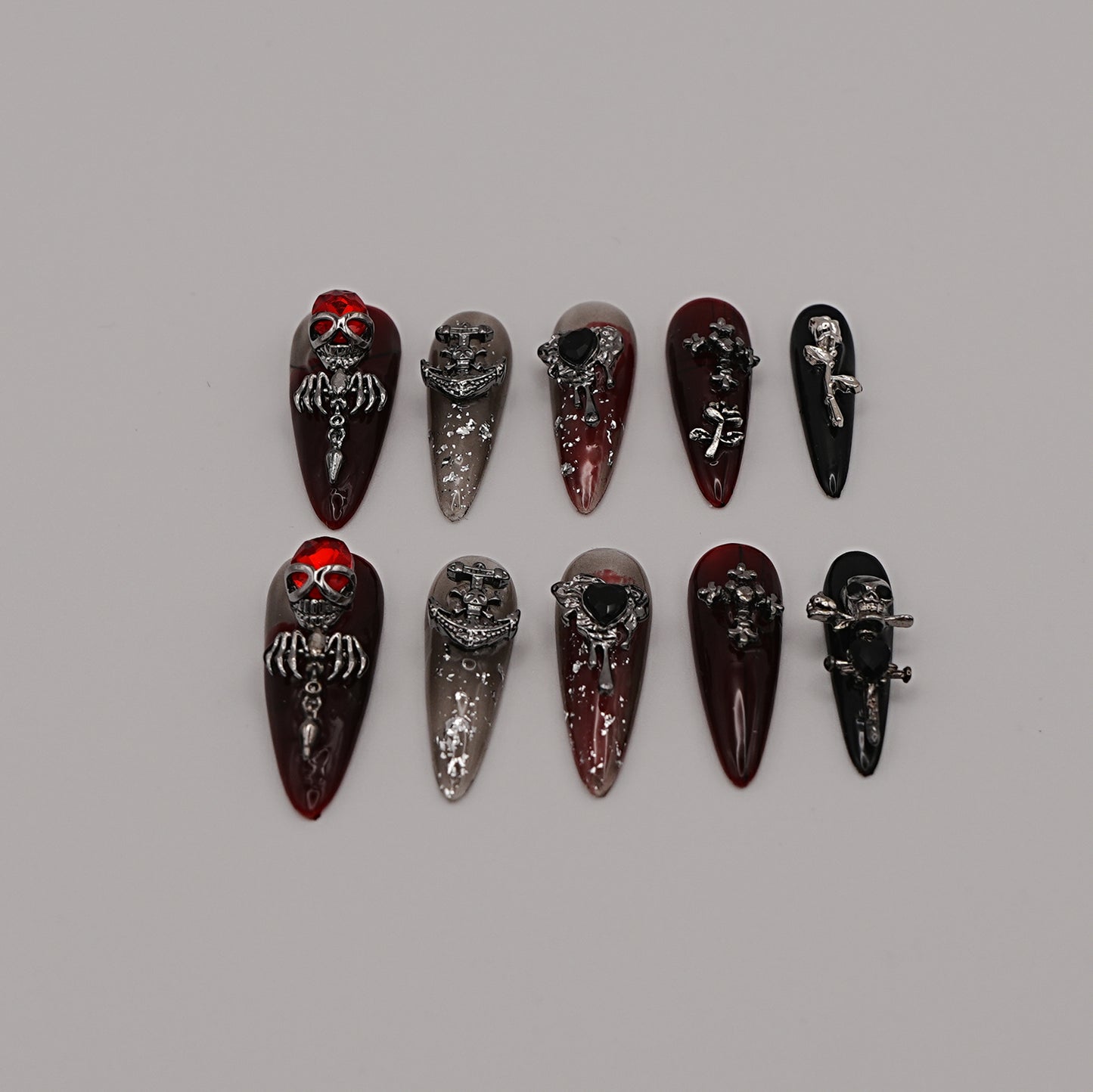 Grave Kiss Press-On Nails – Gothic Black & Red Ombre with Skull & Cross Charms