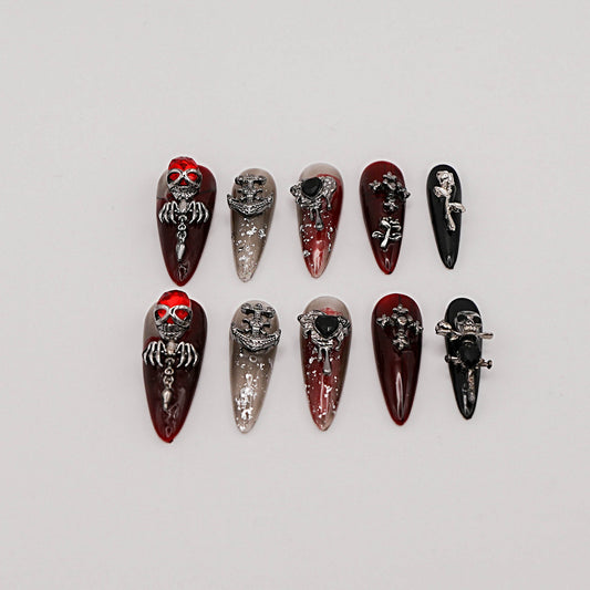 Grave Kiss Press-On Nails – Gothic Black & Red Ombre with Skull & Cross Charms
