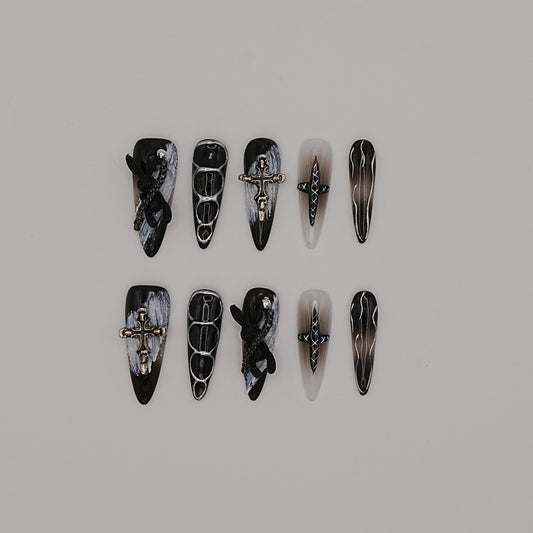 Stitched Cross Press-On Nails – Gothic Gradient Black with Chains & 3D Details