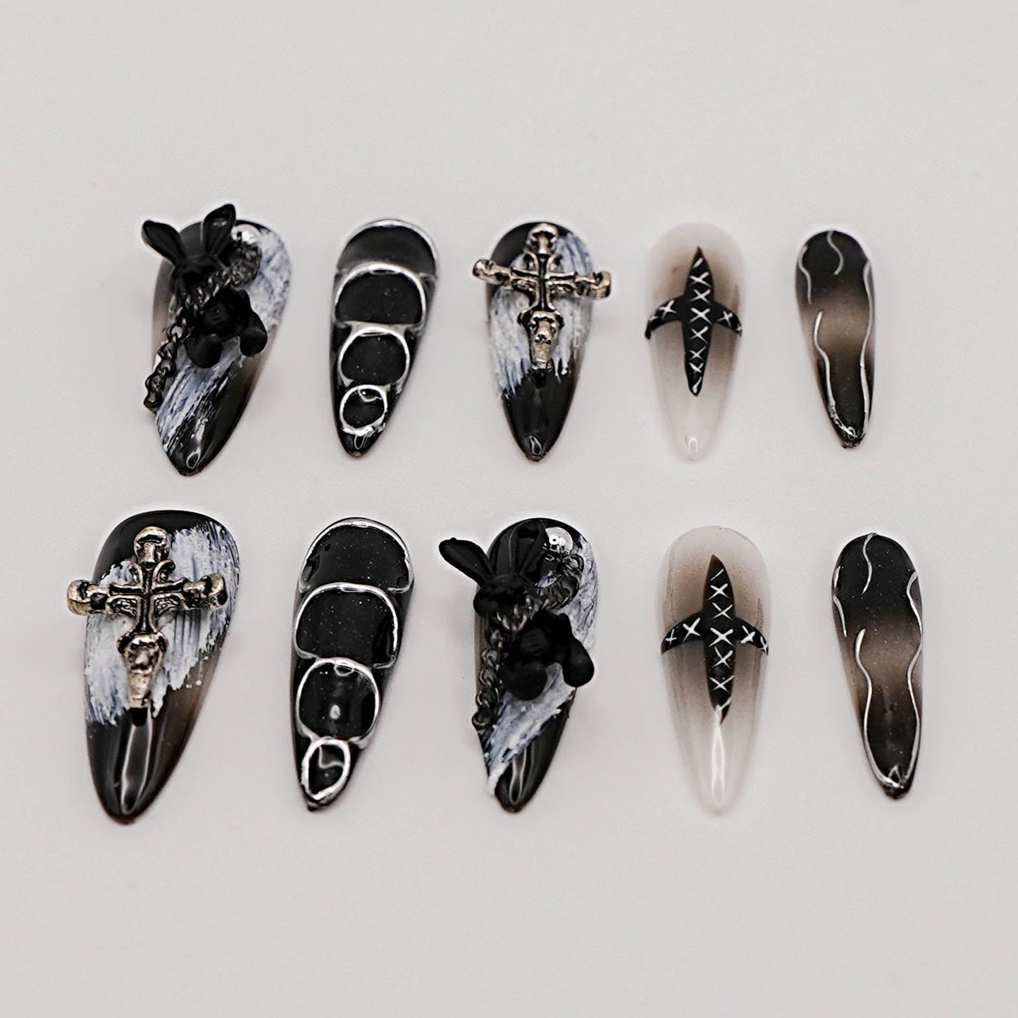 Stitched Cross Press-On Nails – Gothic Gradient Black with Chains & 3D Details