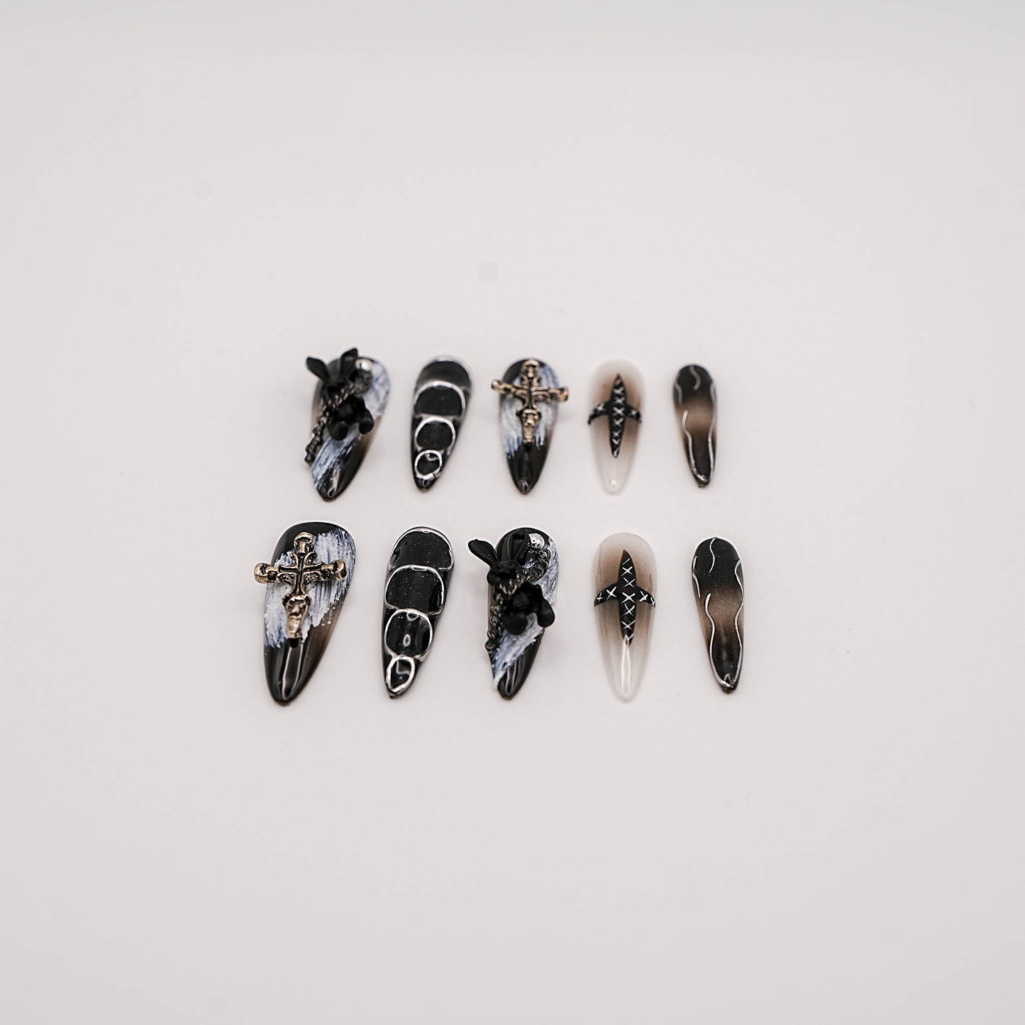 Stitched Cross Press-On Nails – Gothic Gradient Black with Chains & 3D Details