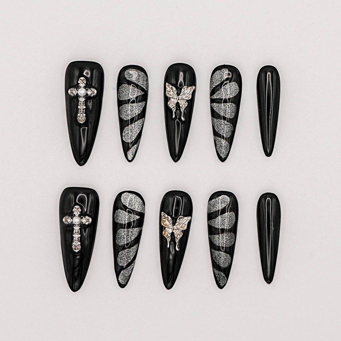 Gothic Wings Press-On Nails – Glossy Black with Silver Butterfly and Cross Charms