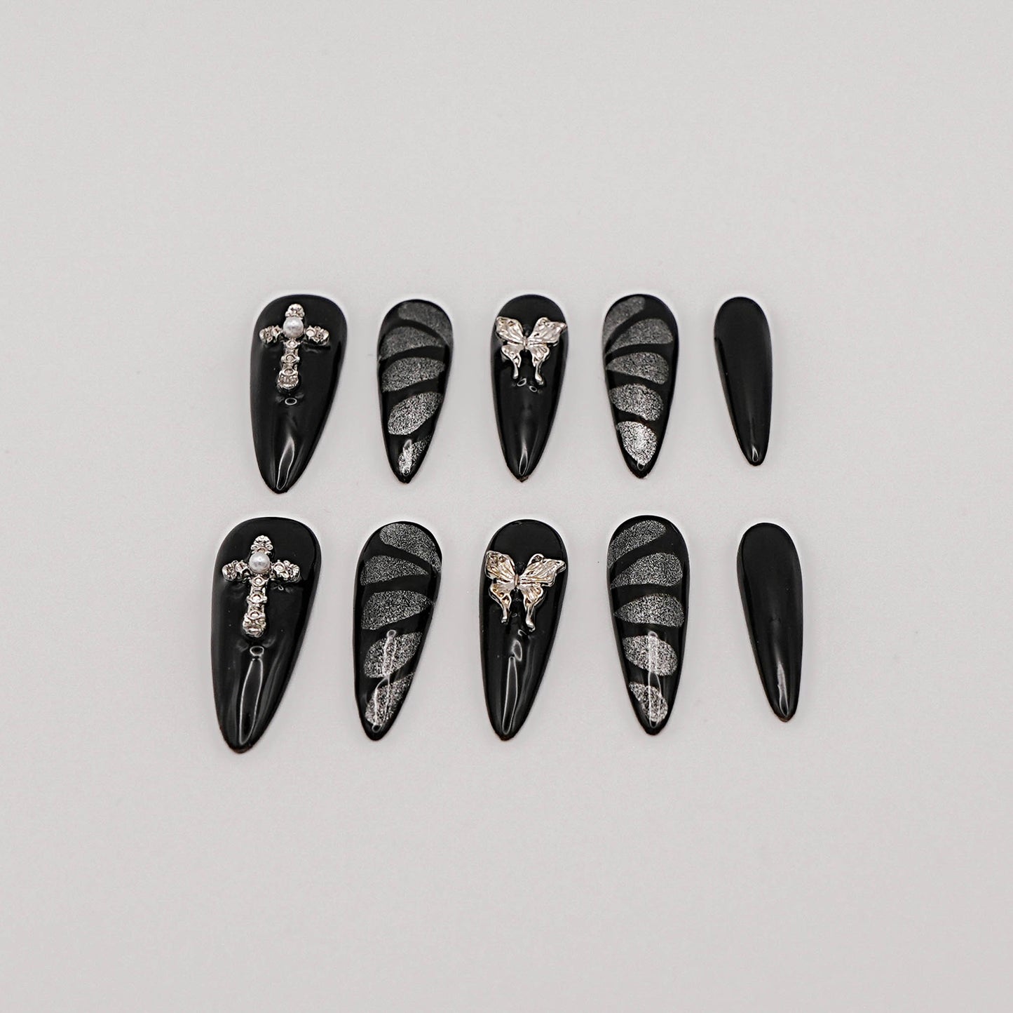 Gothic Wings Press-On Nails – Glossy Black with Silver Butterfly and Cross Charms