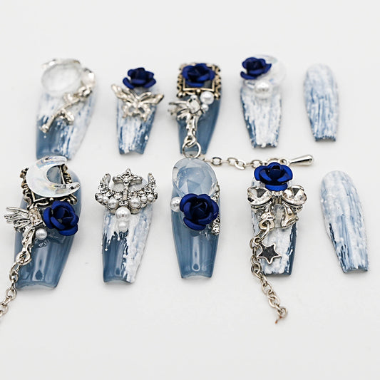 Midnight Garden Press-On Nails – Blue Marble with Moon, Butterfly & Rose Charms