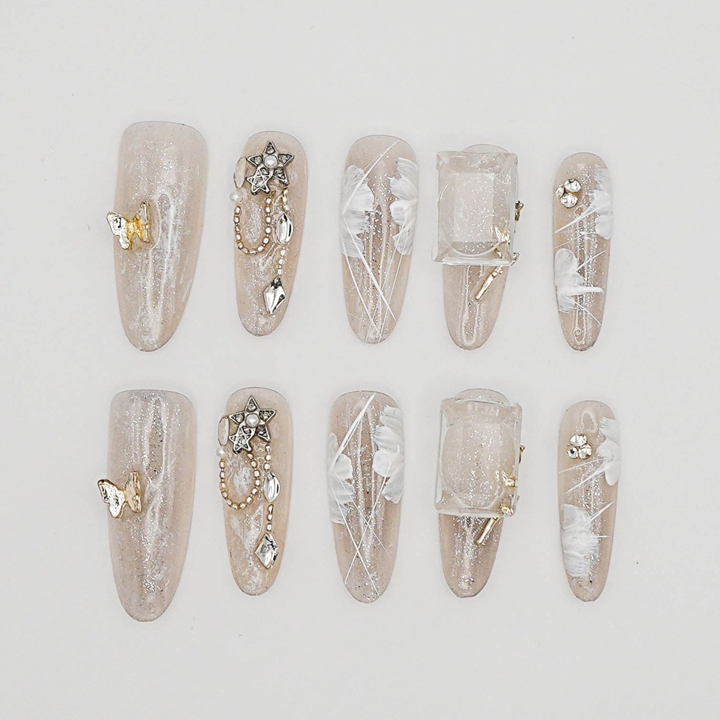 Dreamy Nude Feather Press-On Nails – 3D Pearl, Butterfly & Glitter Accents