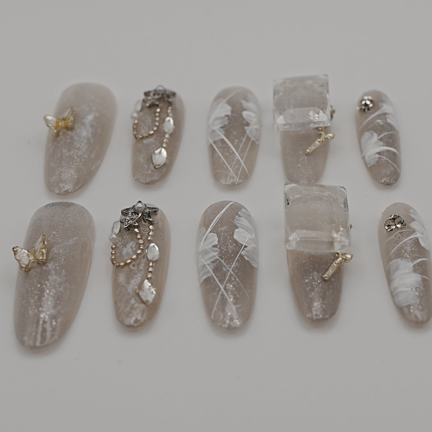 Dreamy Nude Feather Press-On Nails – 3D Pearl, Butterfly & Glitter Accents
