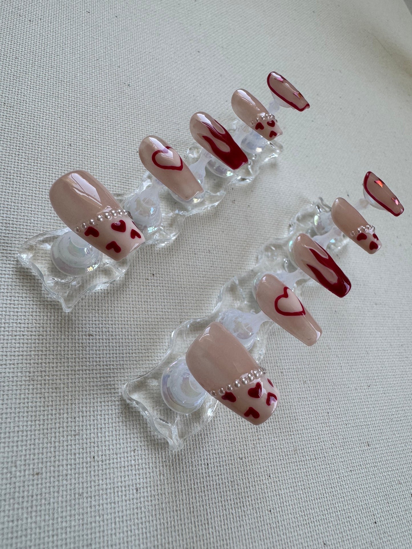 Burning Sweet – Nude French with Flame Hearts & Butterfly Charms