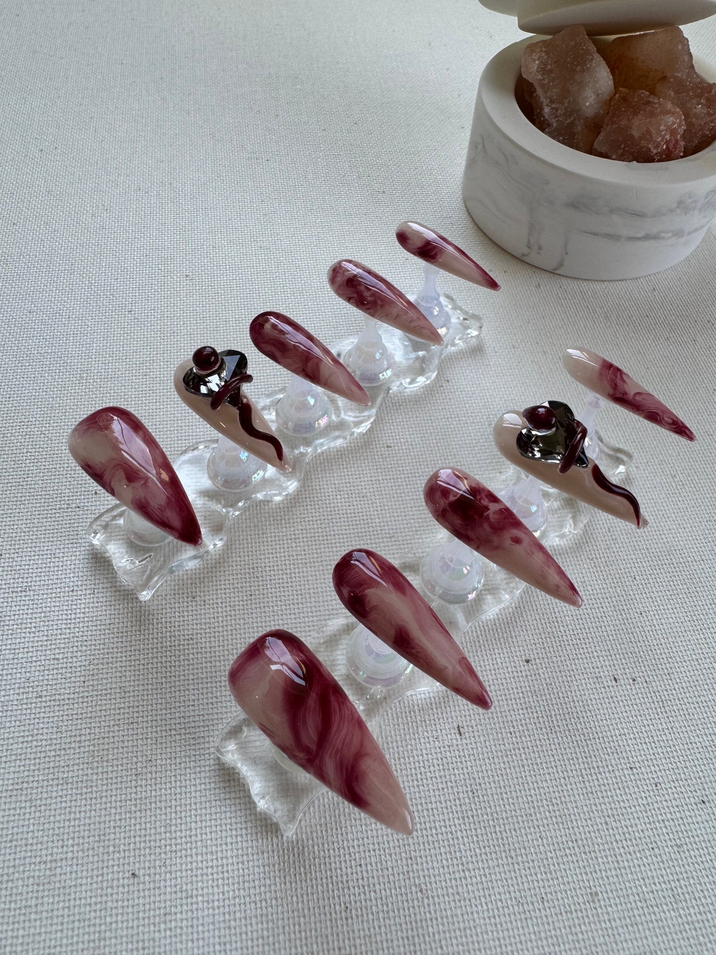 X Crimson Bloom – Ombre Red with Liquid Metal Lines & Rhinestones