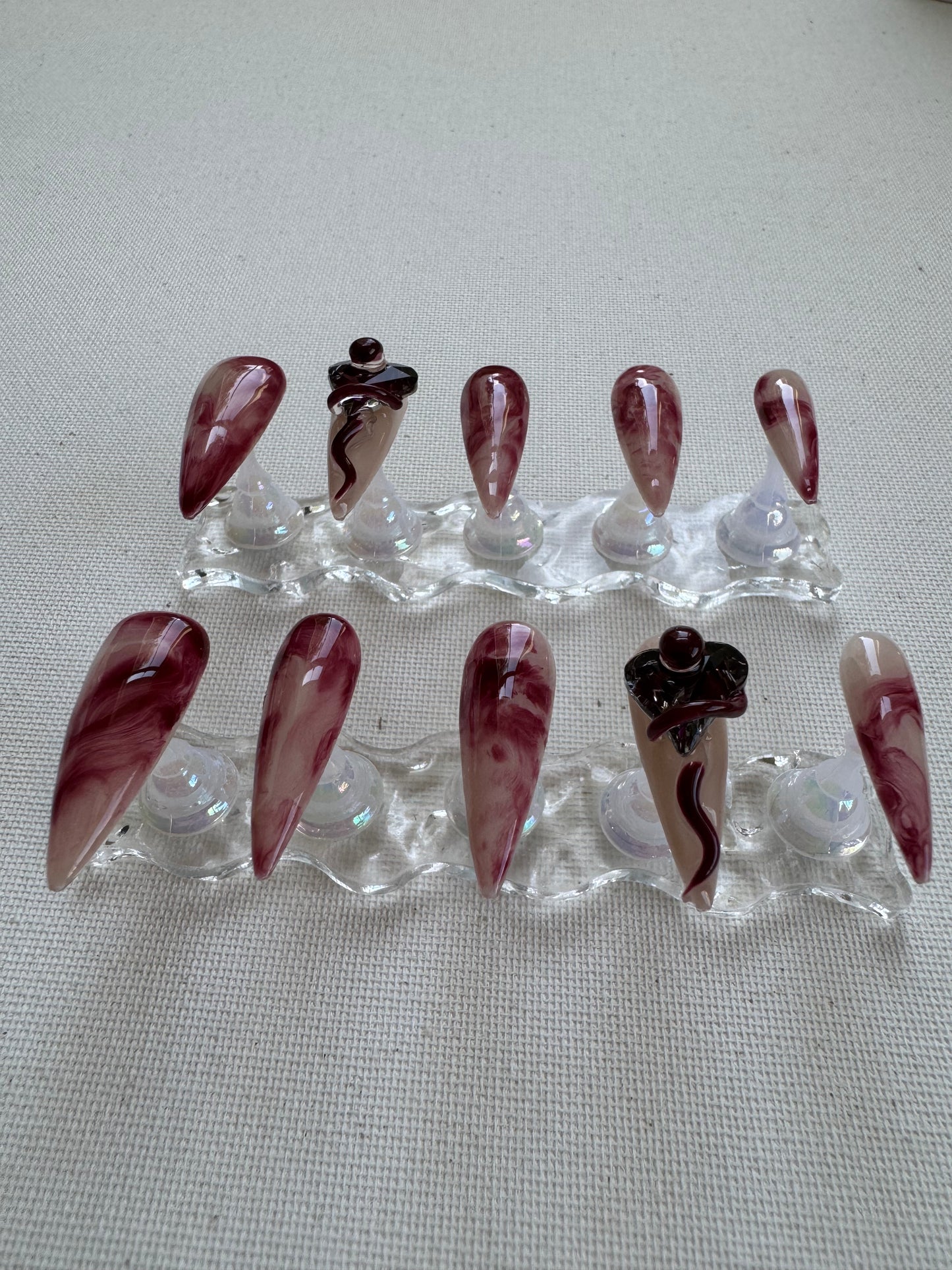 X Crimson Bloom – Ombre Red with Liquid Metal Lines & Rhinestones