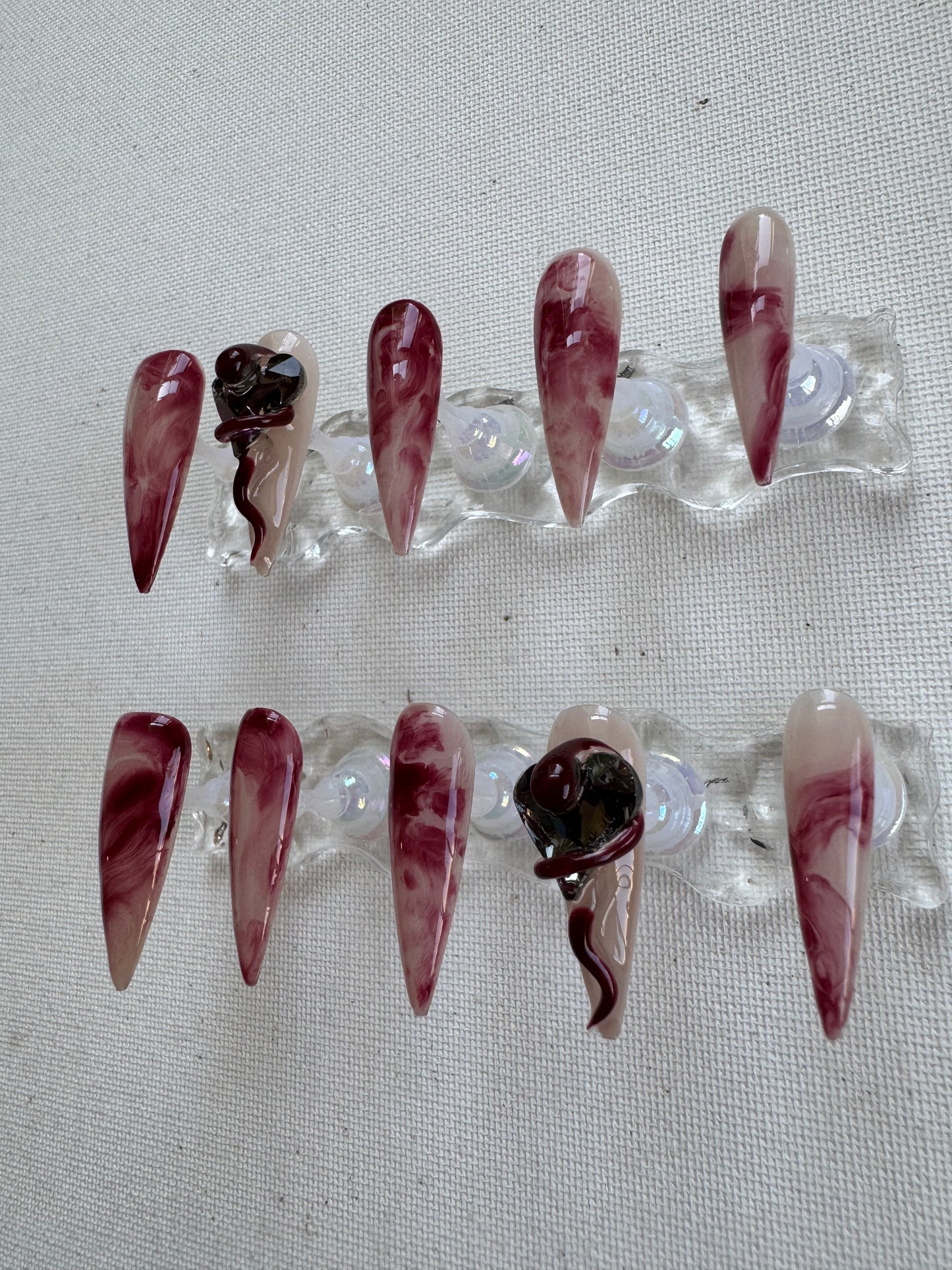 X Crimson Bloom – Ombre Red with Liquid Metal Lines & Rhinestones