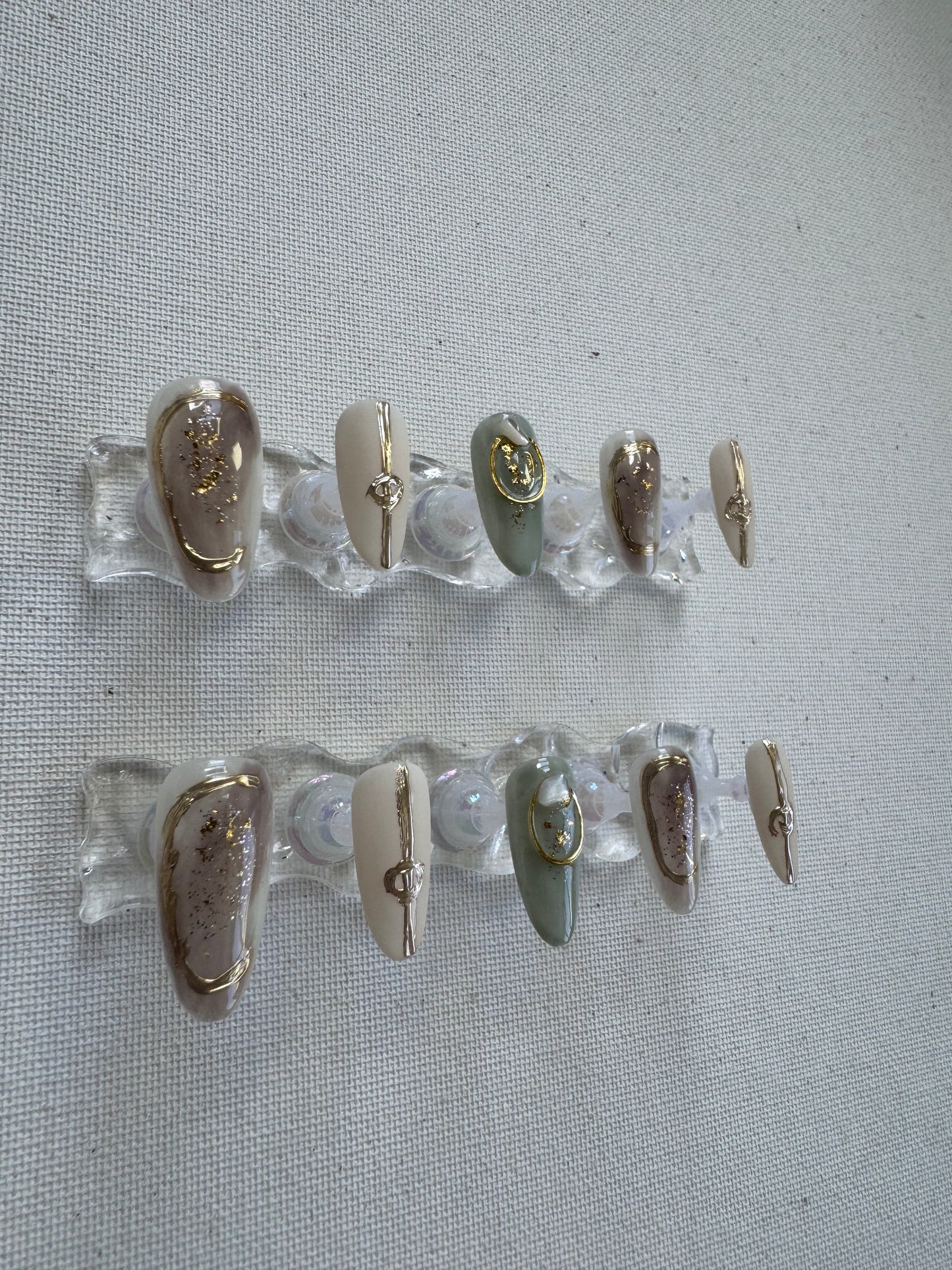 Gold Foil Nude Nails with Greek Motif & Jade Green