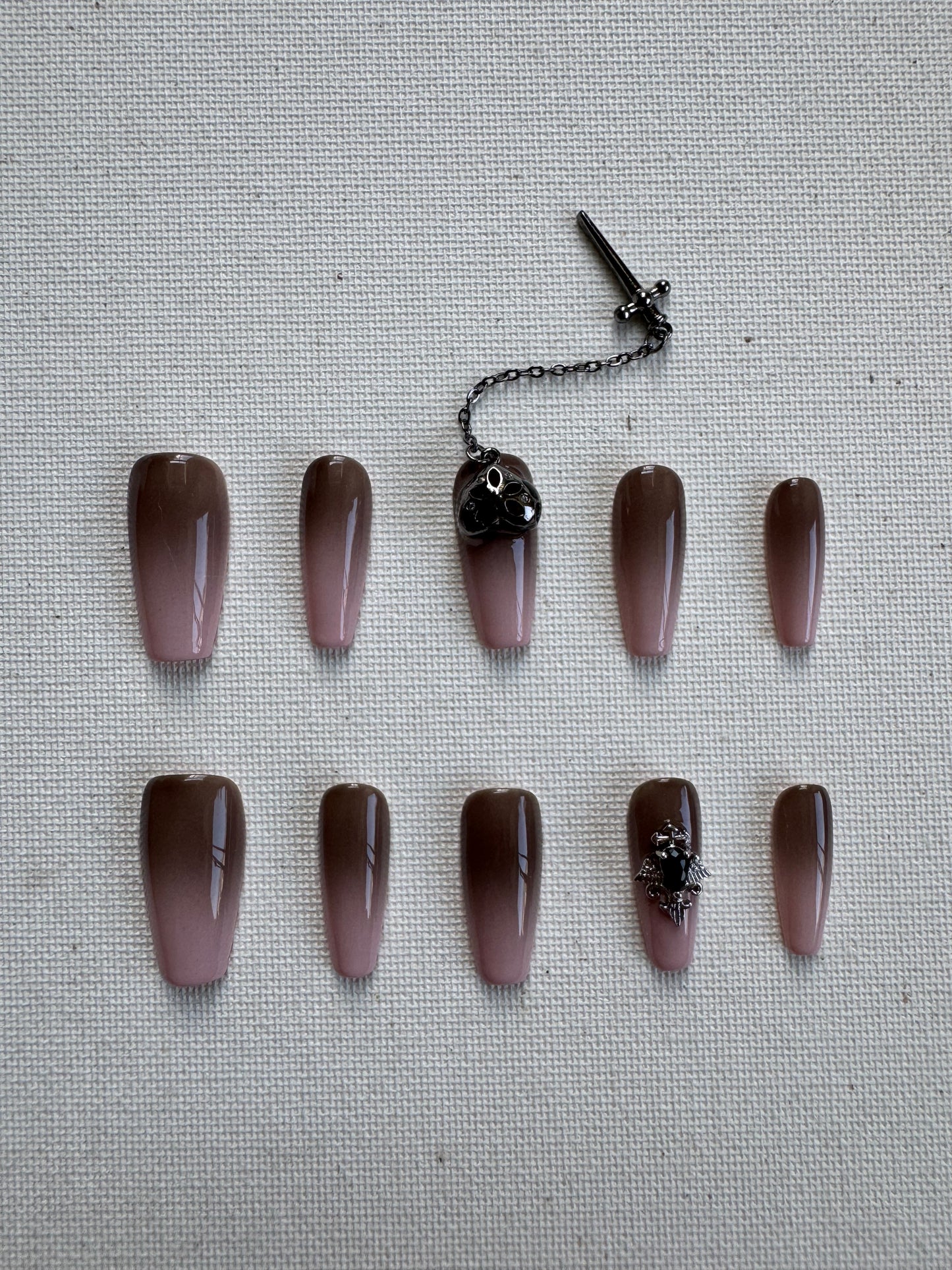 Phantom Fade – Ink Purple Gradient Nails with Skull Design & Dangling Charms
