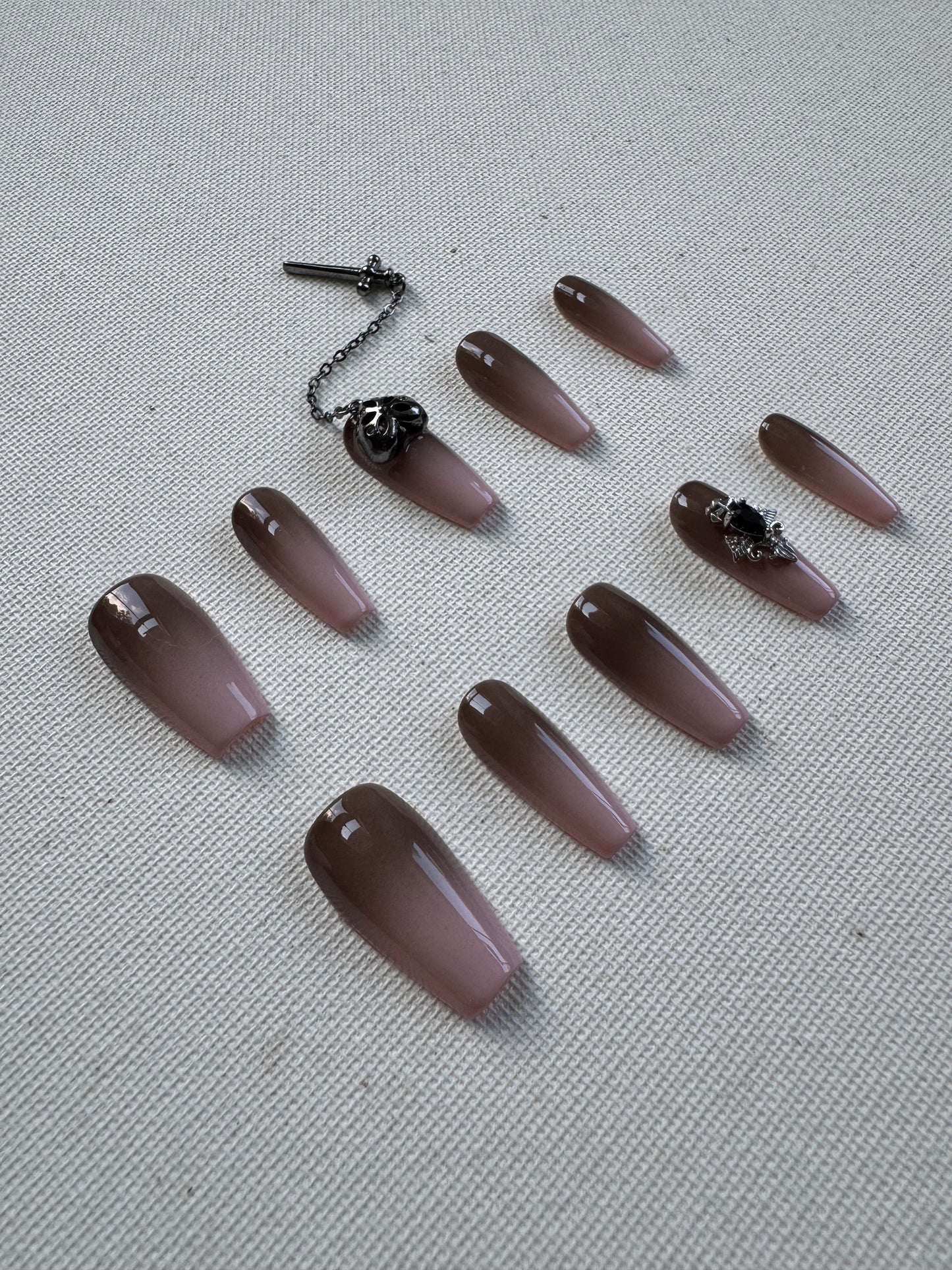 Phantom Fade – Ink Purple Gradient Nails with Skull Design & Dangling Charms