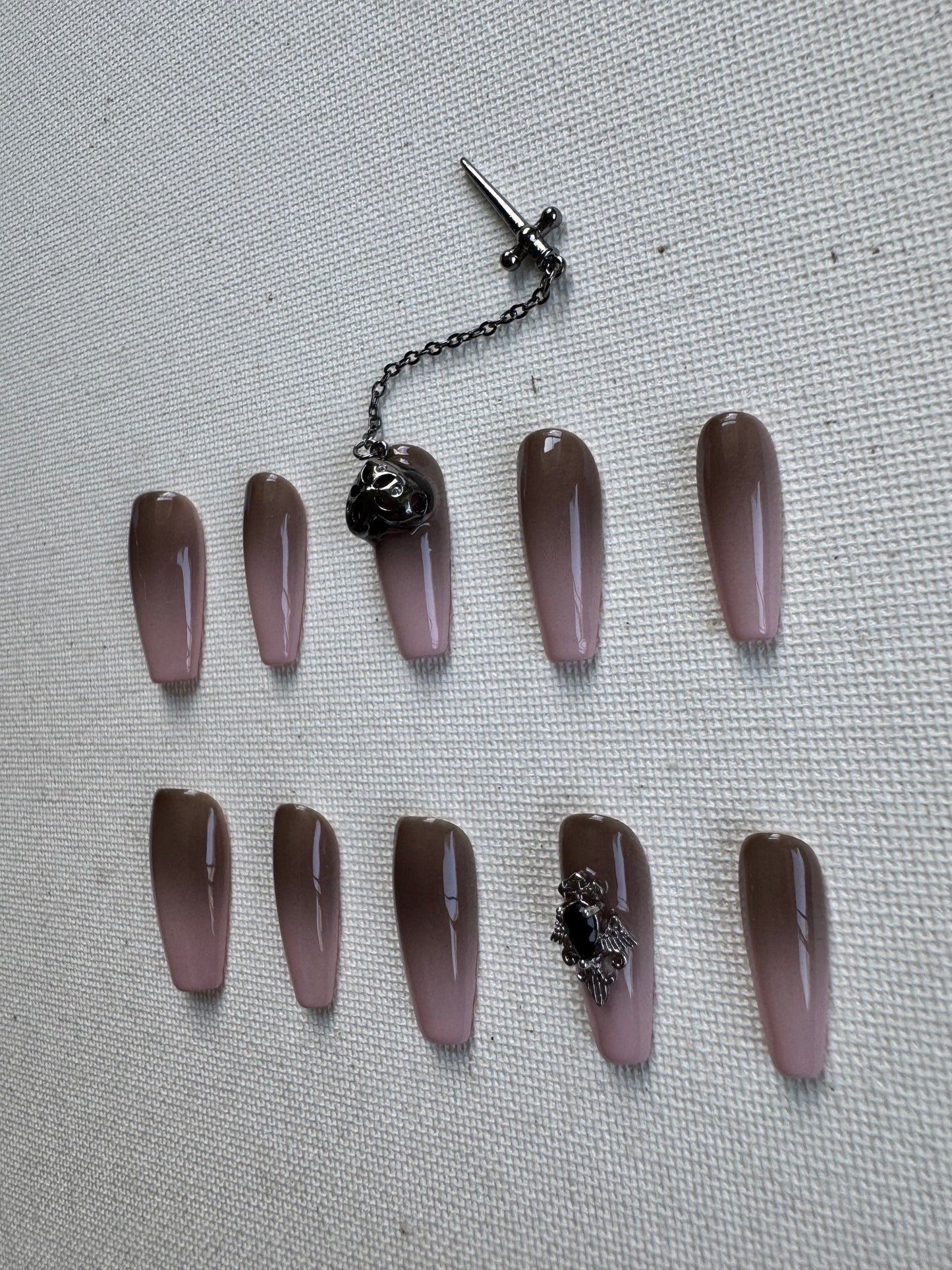 Phantom Fade – Ink Purple Gradient Nails with Skull Design & Dangling Charms