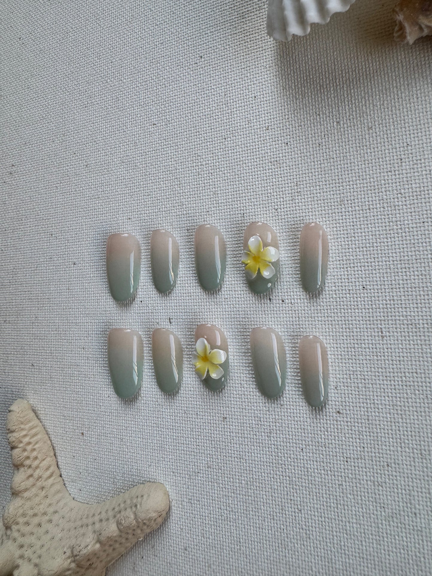 Tropical Breeze Ombre – Nude & Pink-Green Gradient Floral Nails