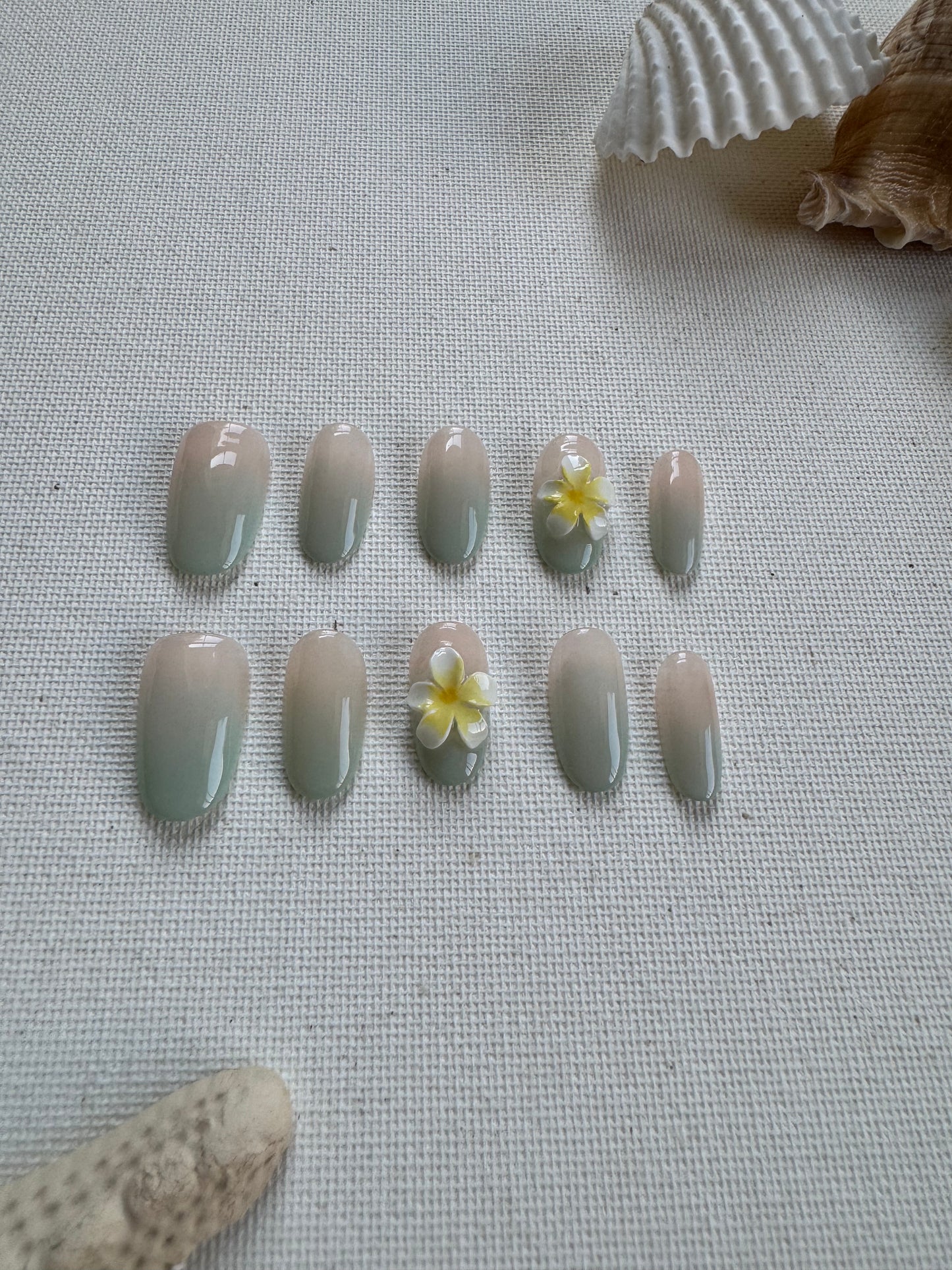 Tropical Breeze Ombre – Nude & Pink-Green Gradient Floral Nails
