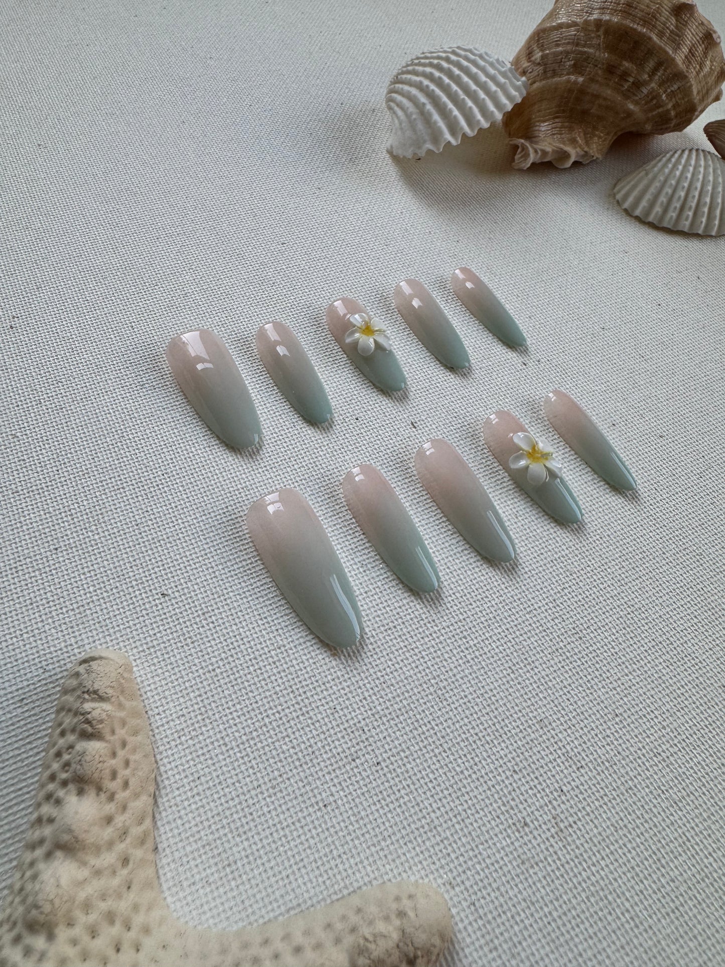Tropical Breeze Ombre – Nude & Pink-Green Gradient Floral Nails