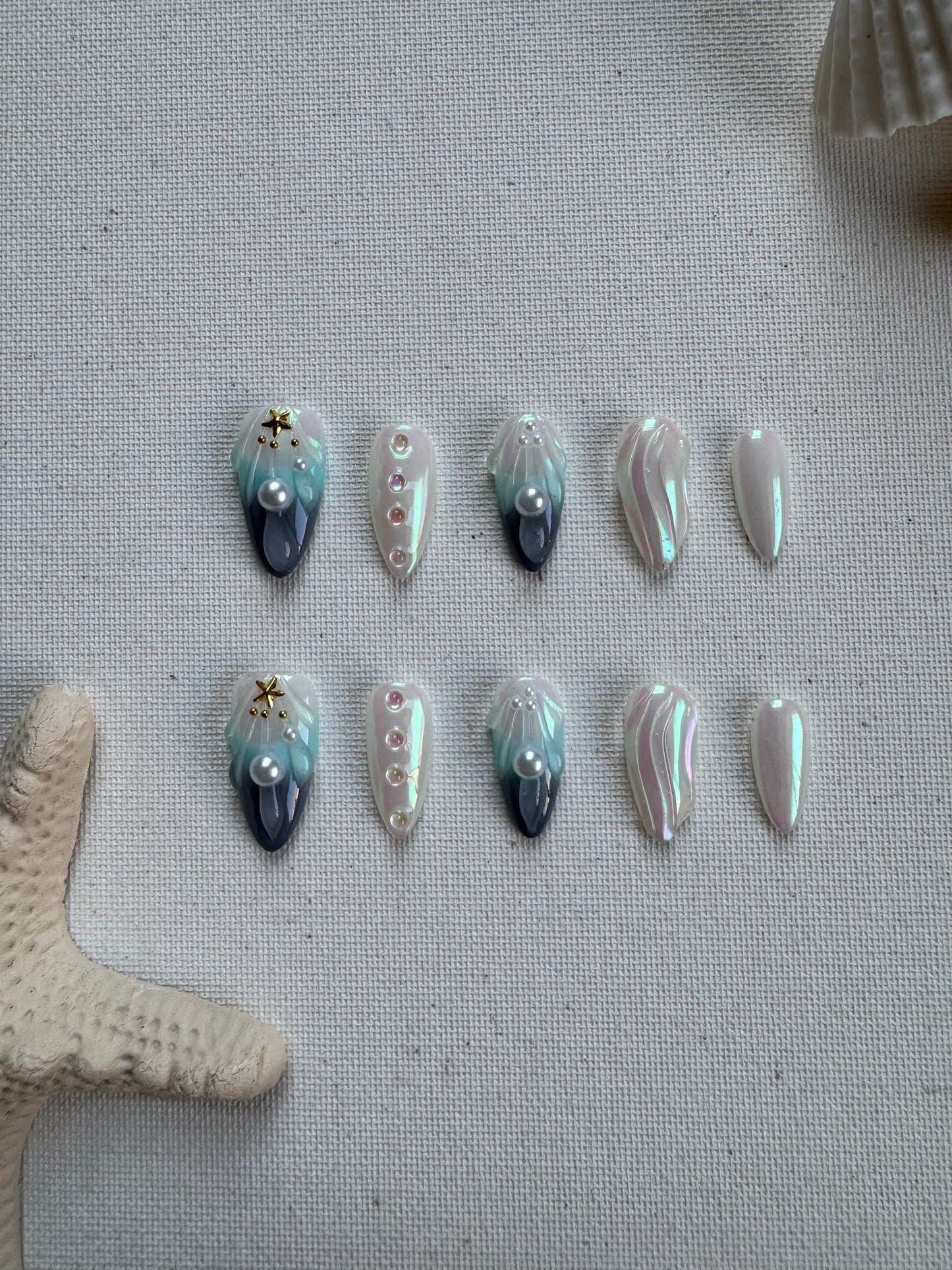Shell Mirage – Pearlescent Ombre Press-On Nails with 3D Shell Art