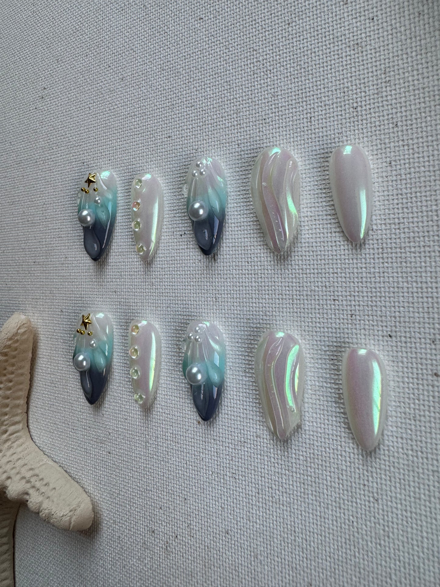 Shell Mirage – Pearlescent Ombre Press-On Nails with 3D Shell Art